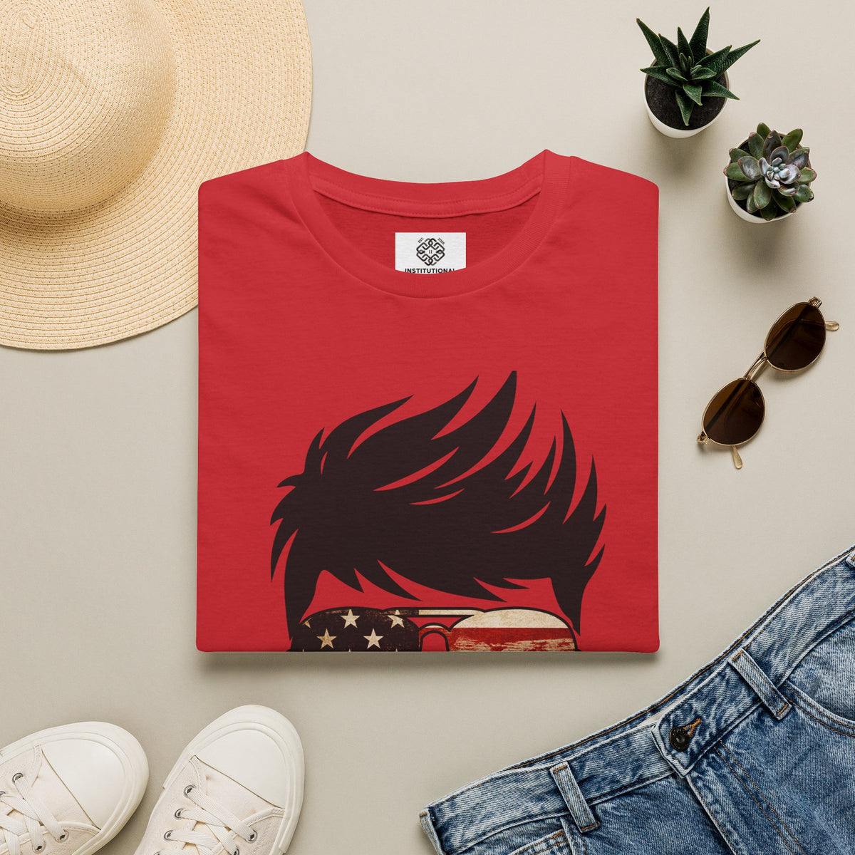 American Boy Graphic T-Shirt — Patriotic Sunglasses & Flag Hair Tee