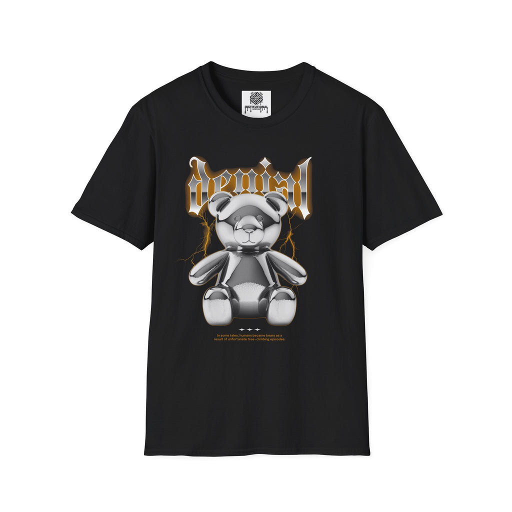 Denial Bear Graphic T-Shirt — Edgy Metallic Teddy Tee