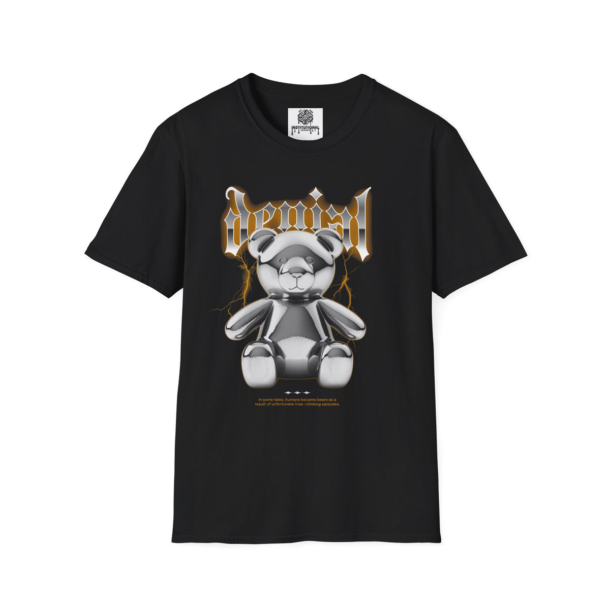Denial Bear Graphic T-Shirt — Edgy Metallic Teddy Tee