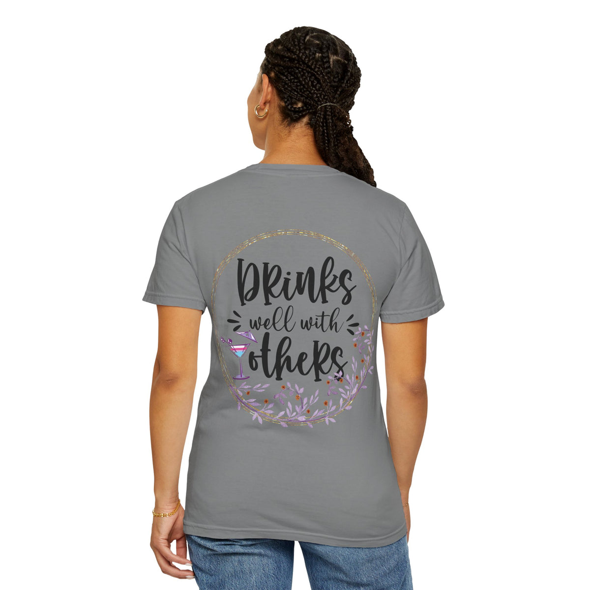 T-Shirt — "Drinks Well With Others" Floral Cocktail Graphic
