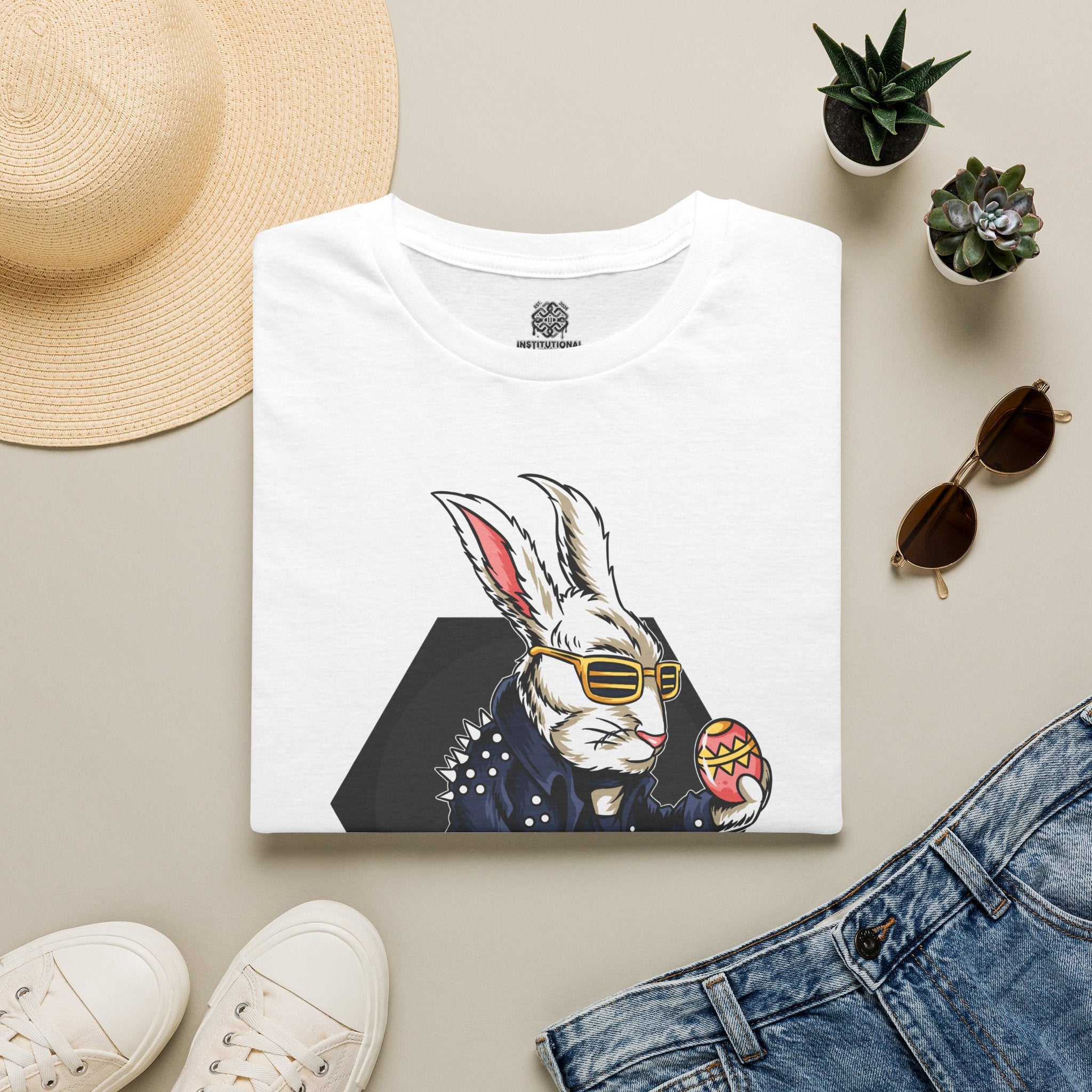Easter Bunny Rocker T-Shirt — Cool Bunny Holding Decorated Egg