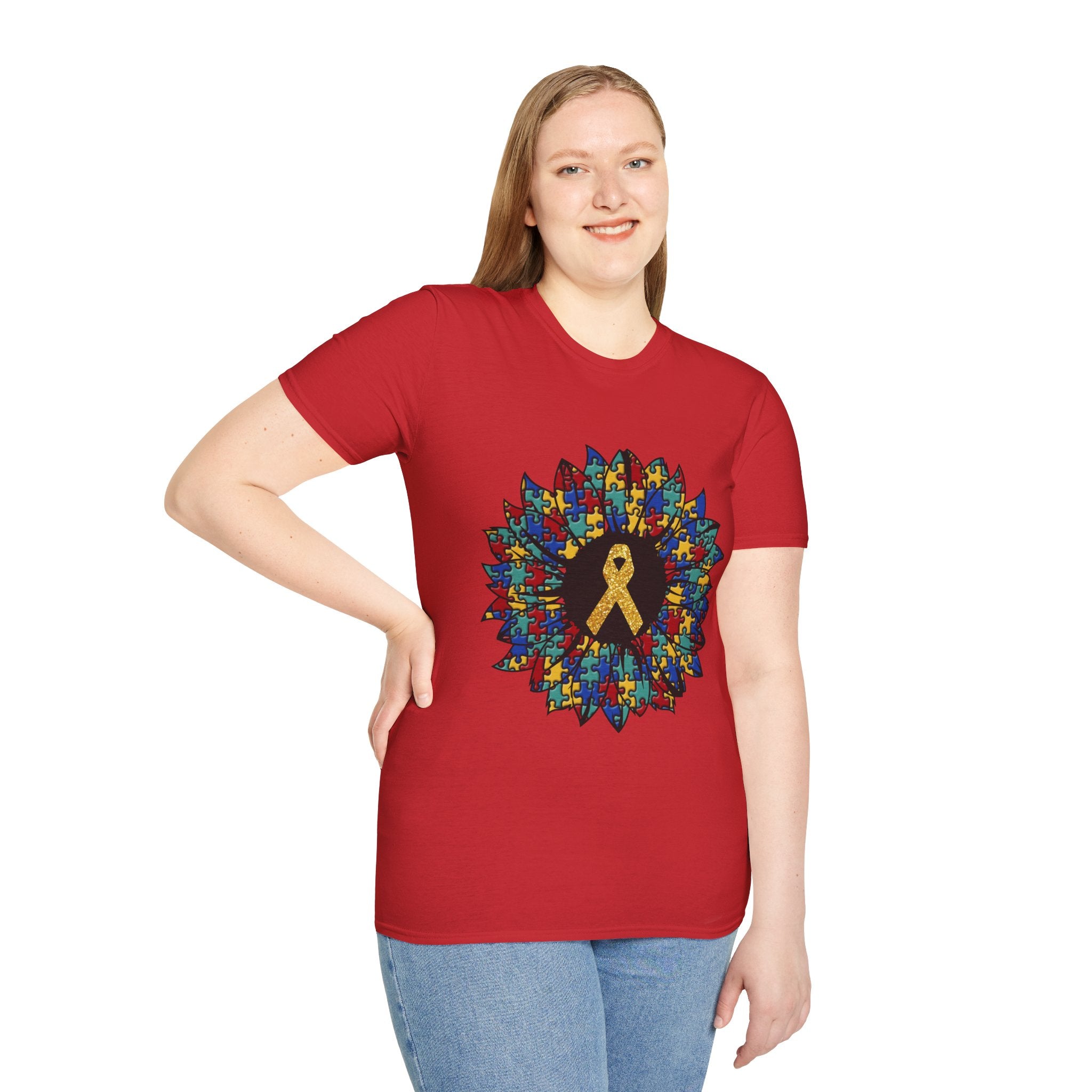 Autism Awareness Puzzle Sunflower T-Shirt – Gold Ribbon Support Tee