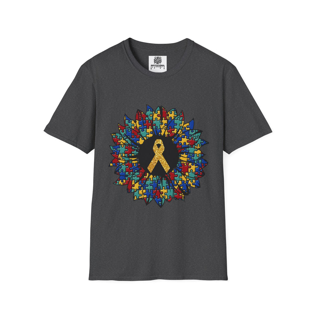 Autism Awareness Puzzle Sunflower T-Shirt – Gold Ribbon Support Tee