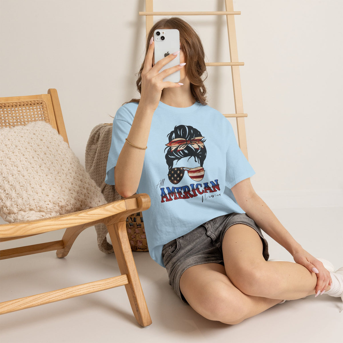 American Flag Messy Bun T-Shirt — "All American" Patriotic Tee