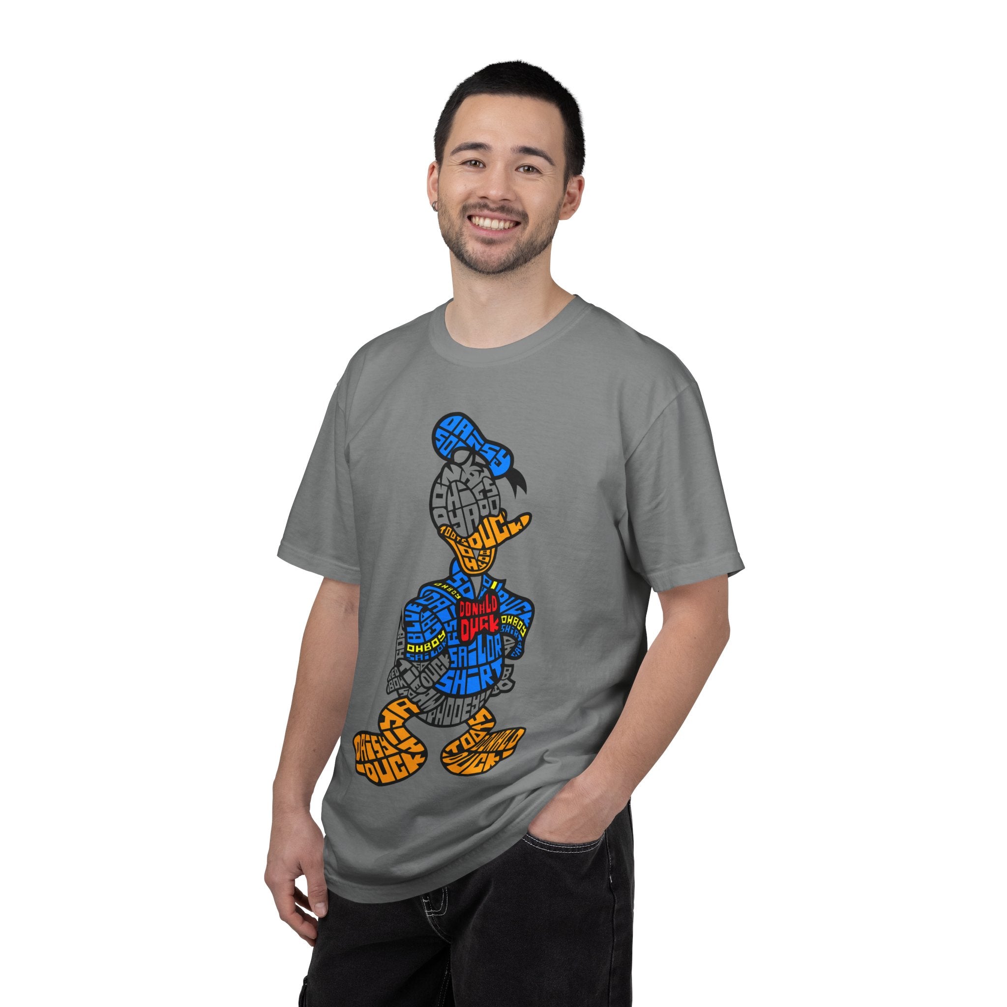 Graphic T‑Shirt — Colorblock Word Art Cartoon Duck Design