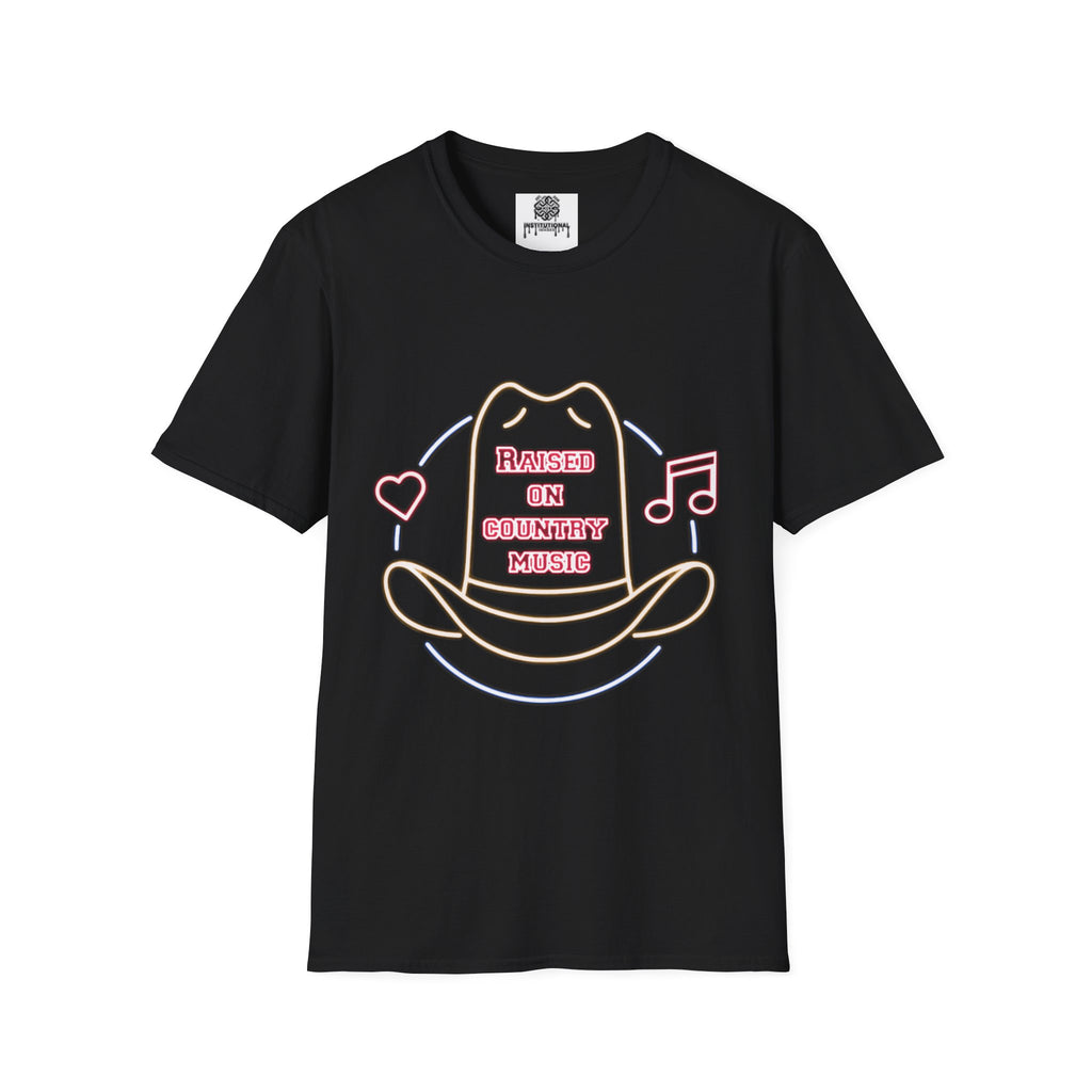 Raised on Country Cowboy Hat T-Shirt — Neon Music & Heart Graphic