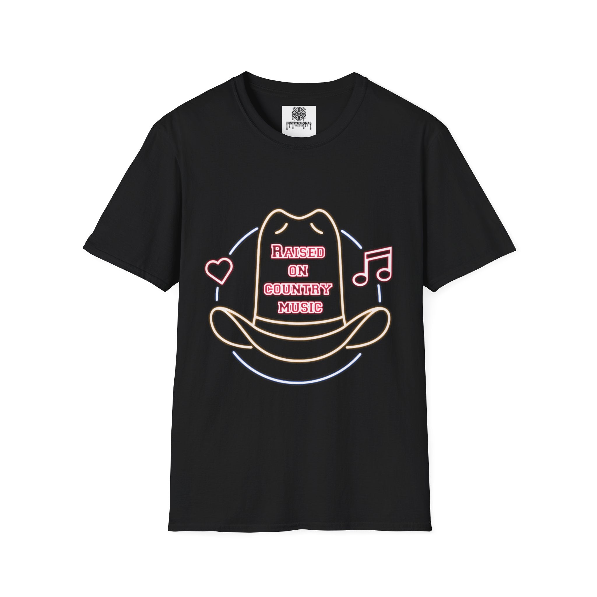 Raised on Country Cowboy Hat T-Shirt — Neon Music & Heart Graphic