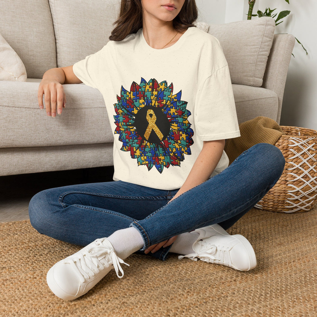 Autism Awareness Puzzle Sunflower T-Shirt – Gold Ribbon Support Tee