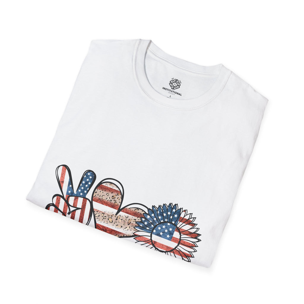 Peace Love America T-Shirt — Patriotic Peace Sign, Heart & Sunflower Graphic