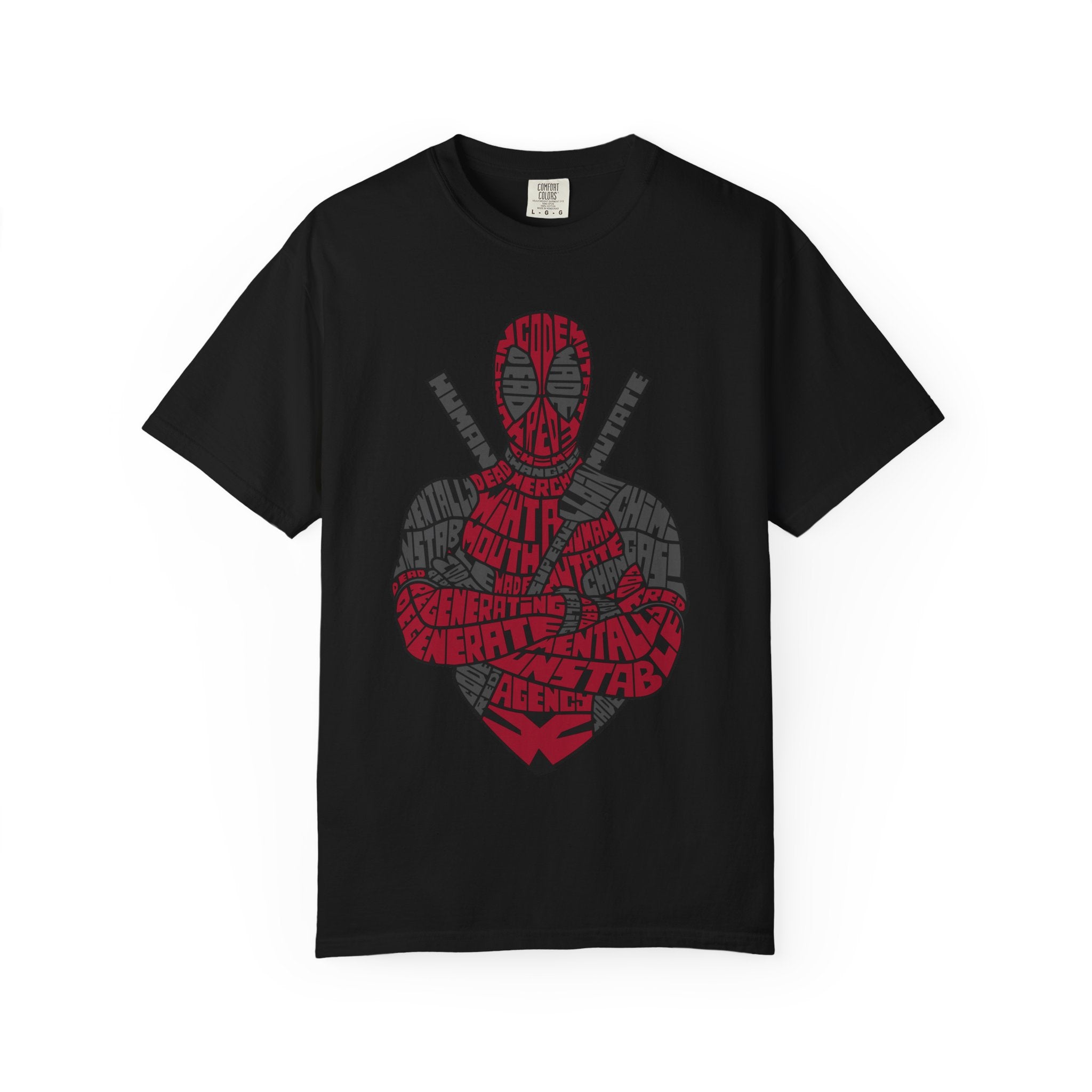 Graphic T-Shirt — Red Text Portrait Superhero Design