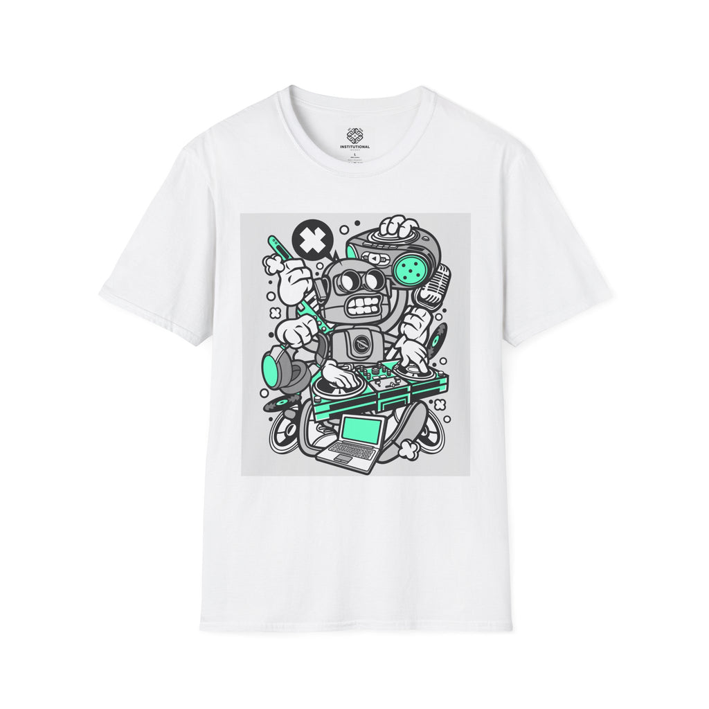 Retro Robot Graphic T-Shirt — Techy Cartoon Tee with 'X' & Circuit Design