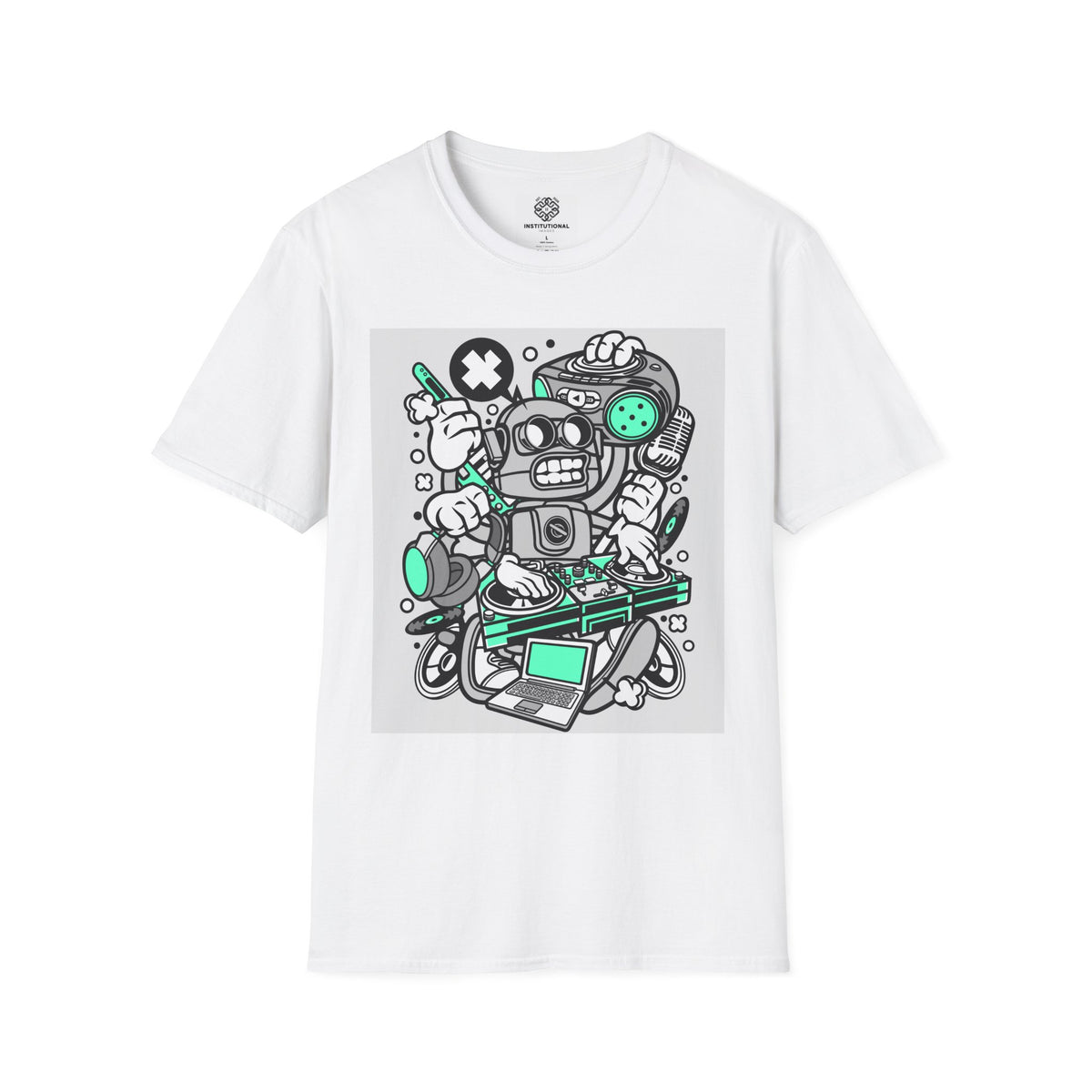 Retro Robot Graphic T-Shirt — Techy Cartoon Tee with 'X' & Circuit Design