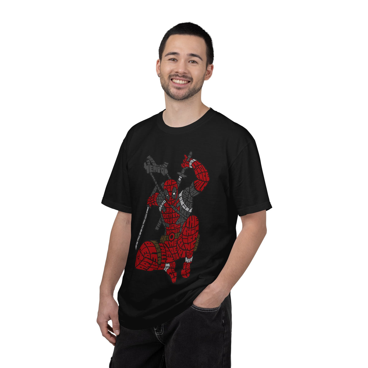 Graphic T-Shirt — Red Webbed Superhero Kneeling Illustration