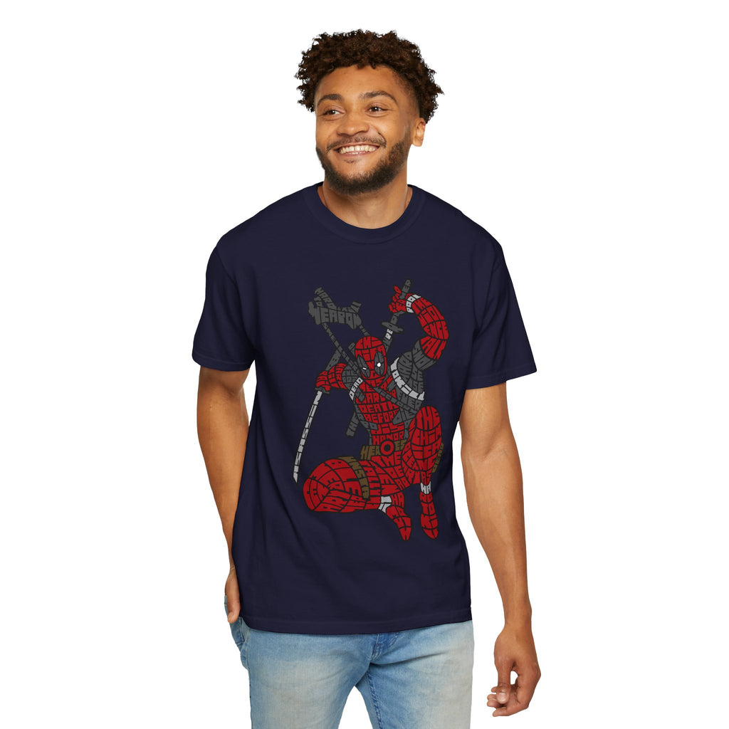 Graphic T-Shirt — Red Webbed Superhero Kneeling Illustration