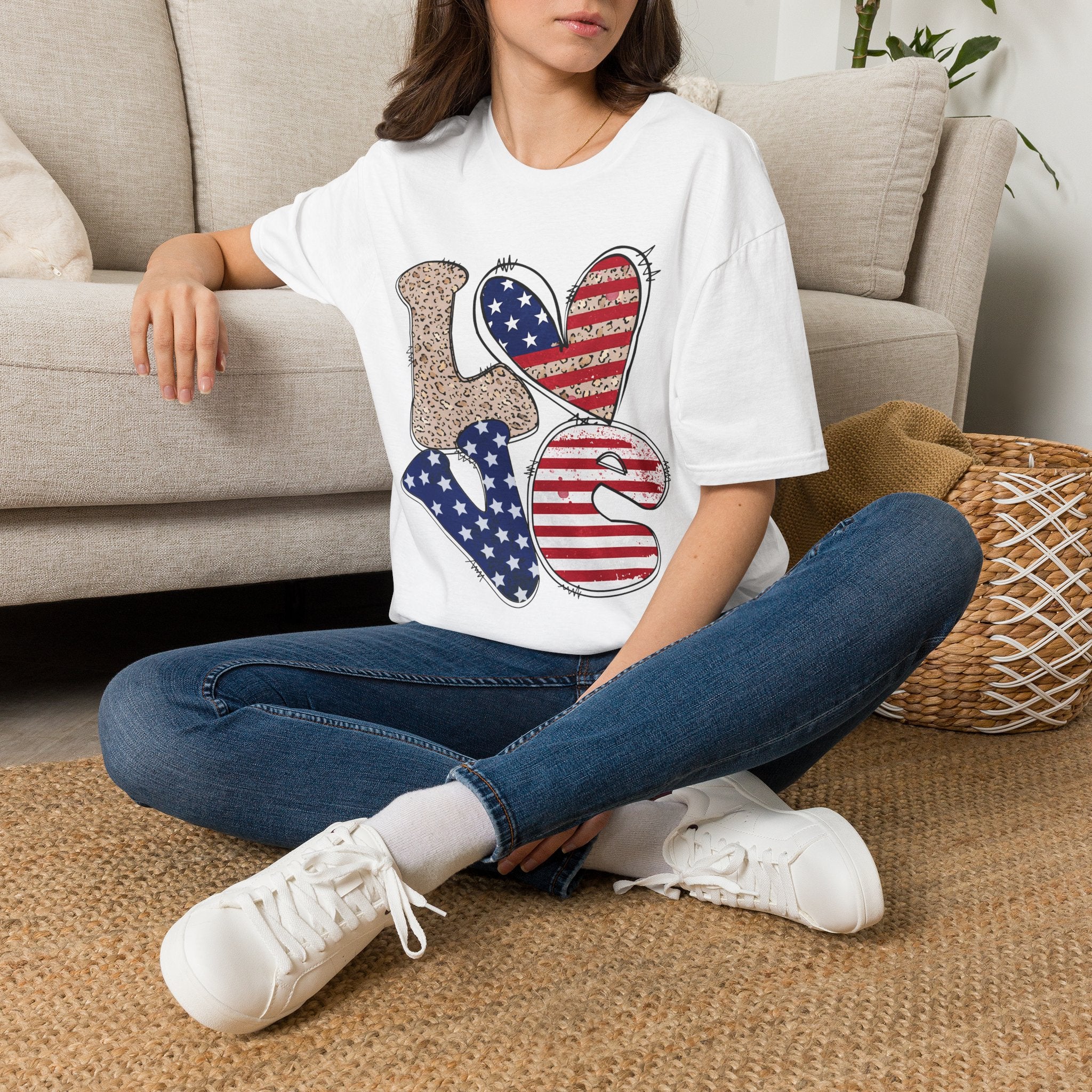 Patriotic LOVE Heart T-Shirt — American Flag & Leopard Print Graphic