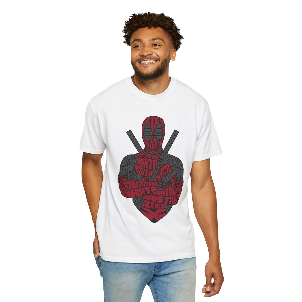 Graphic T-Shirt — Red Text Portrait Superhero Design