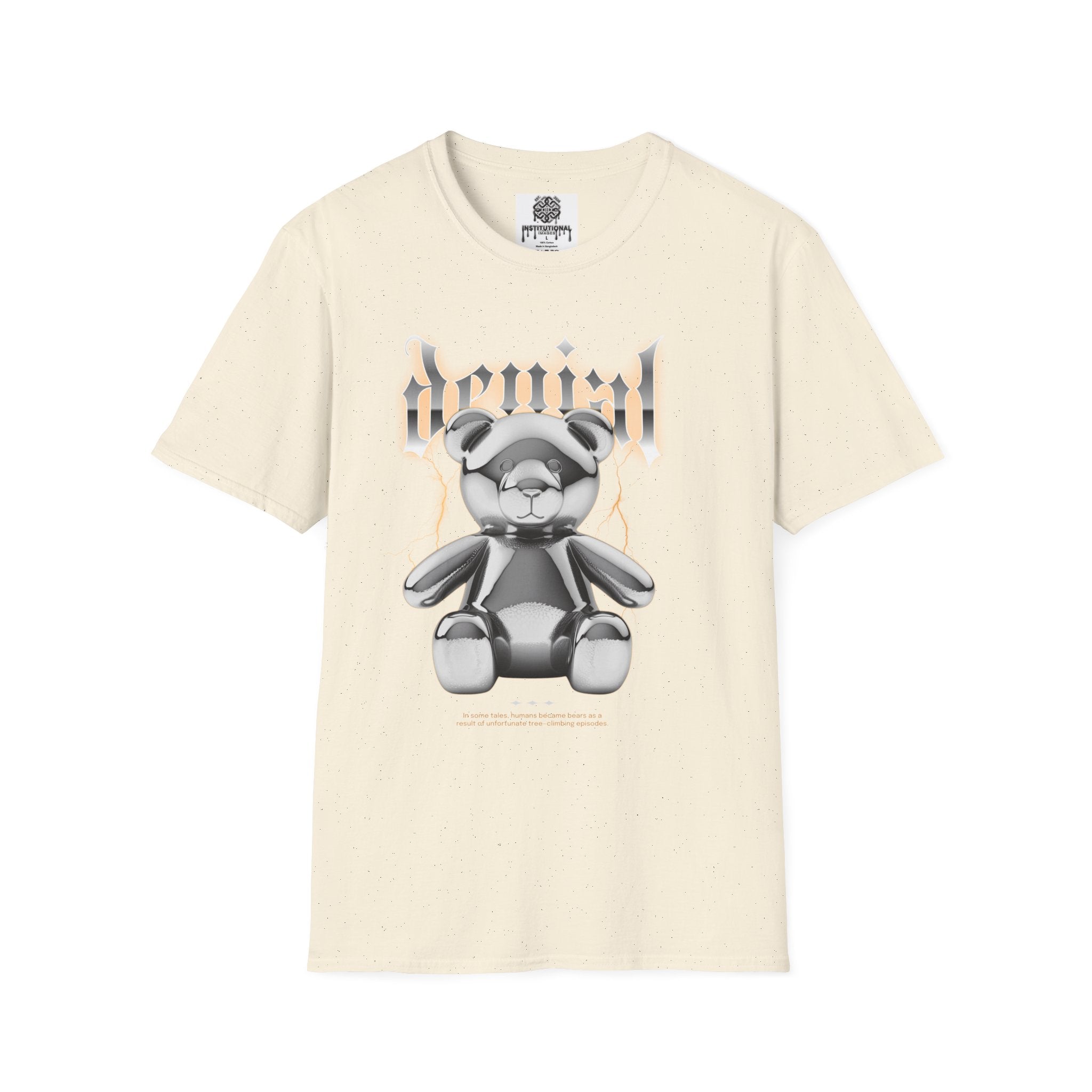 Denial Bear Graphic T-Shirt — Edgy Metallic Teddy Tee