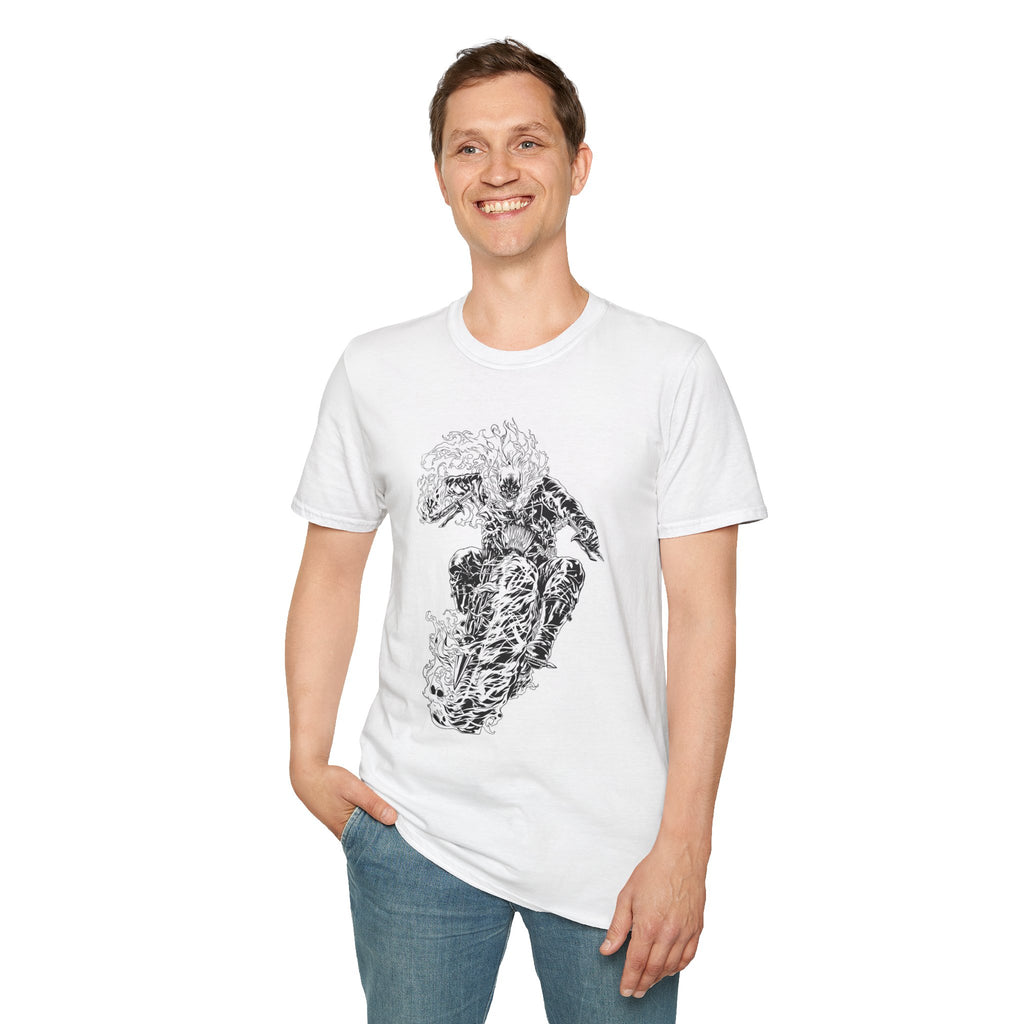 T-Shirt — Black & White Flame Skeleton Rider Graphic Tee