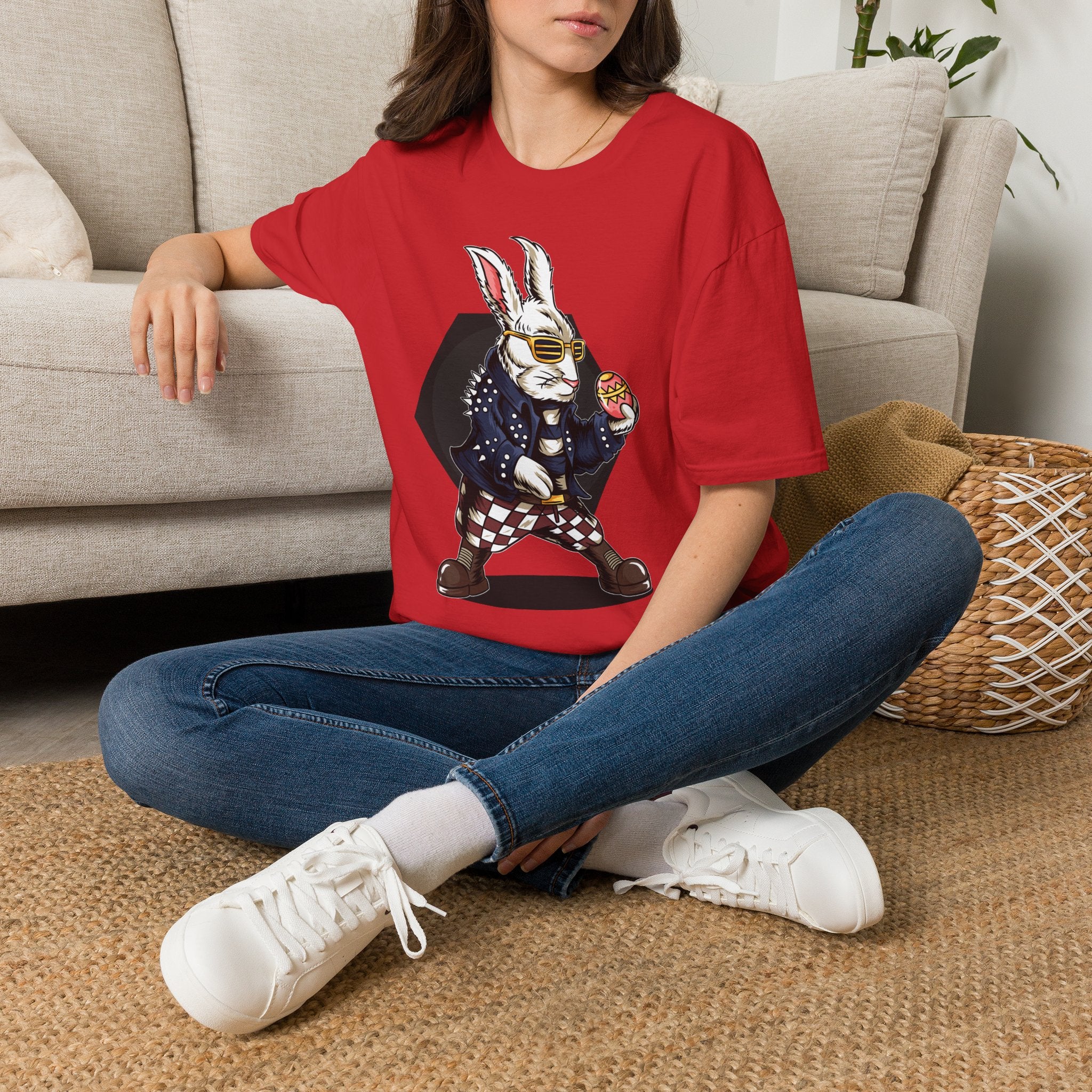 Easter Bunny Rocker T-Shirt — Cool Bunny Holding Decorated Egg