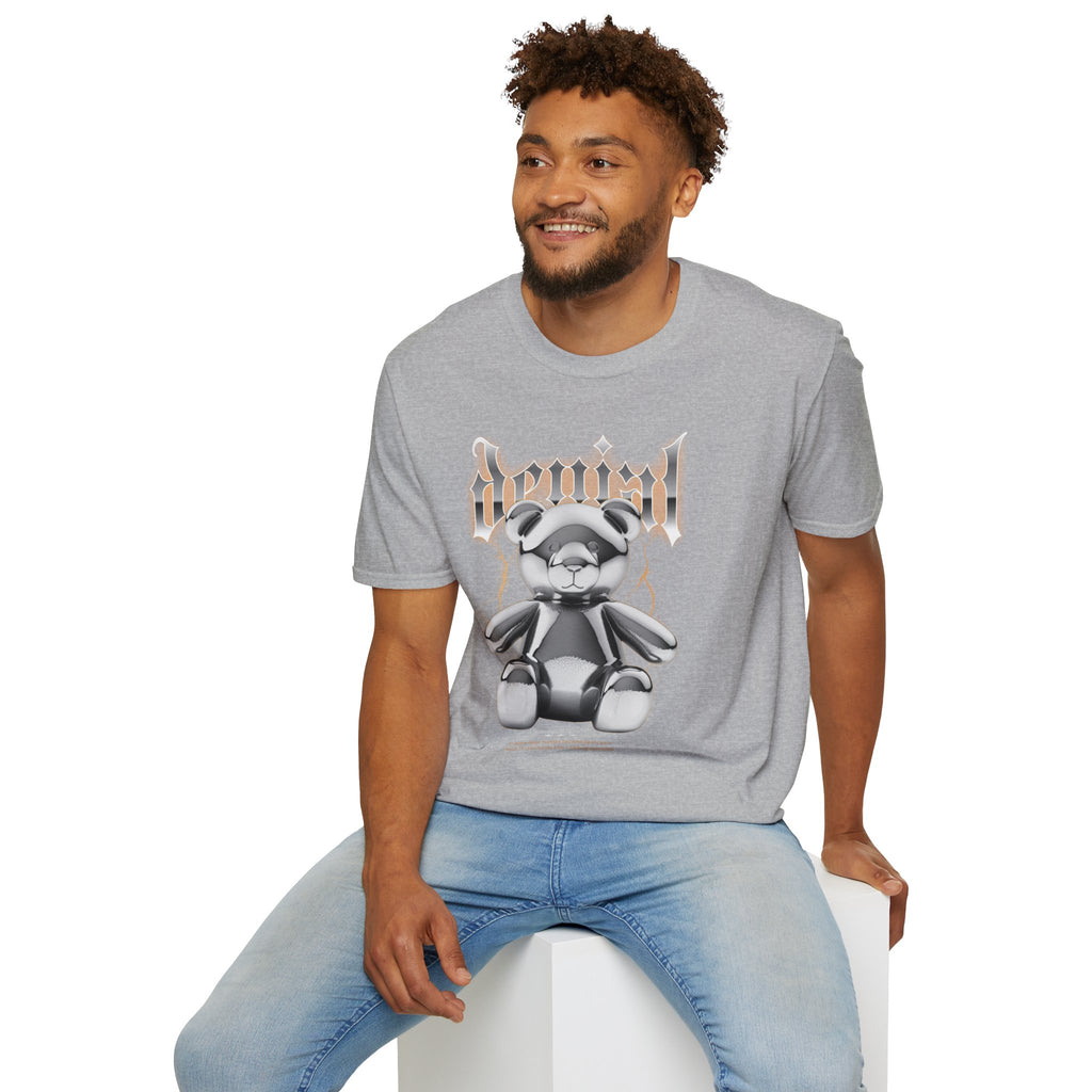 Denial Bear Graphic T-Shirt — Edgy Metallic Teddy Tee