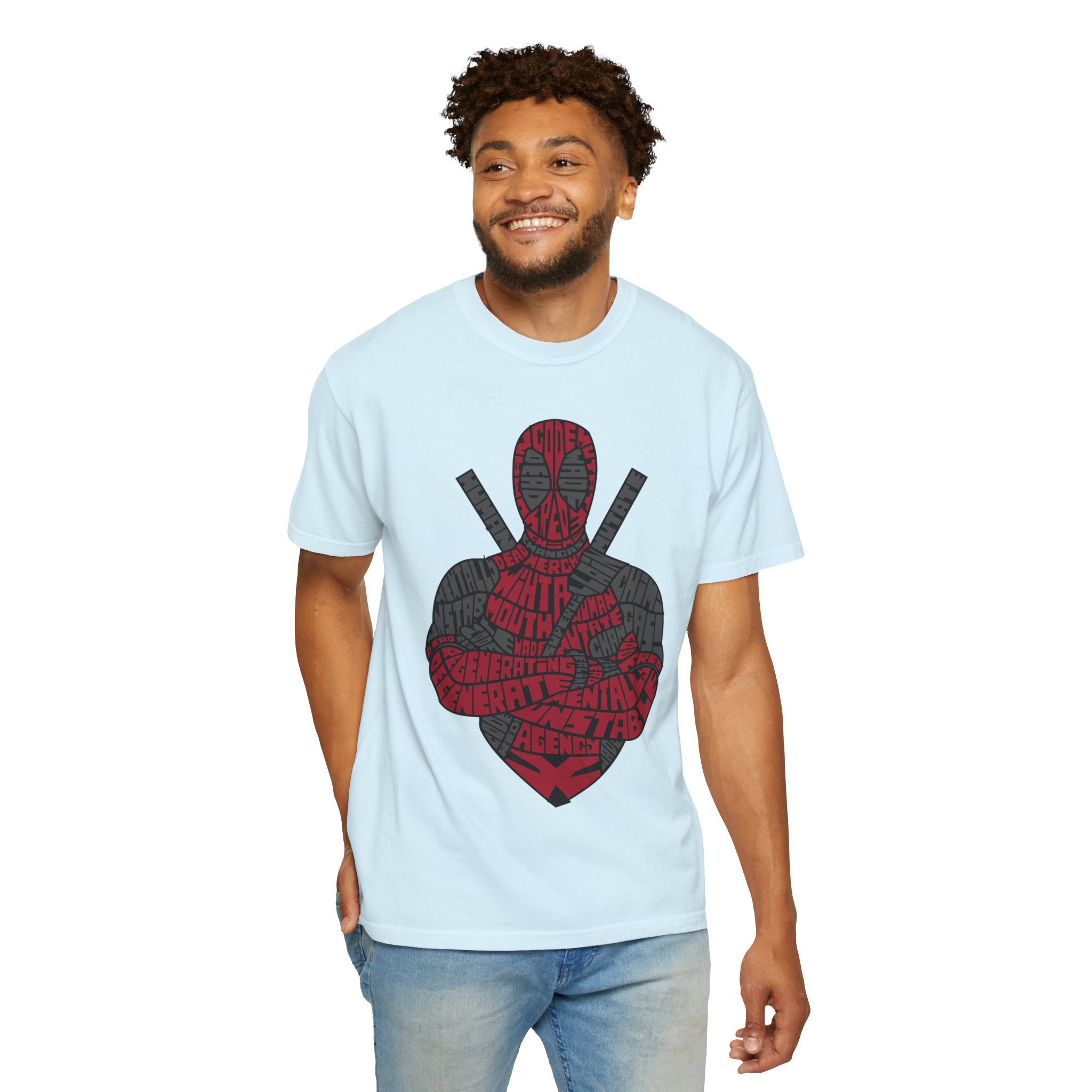 Graphic T-Shirt — Red Text Portrait Superhero Design