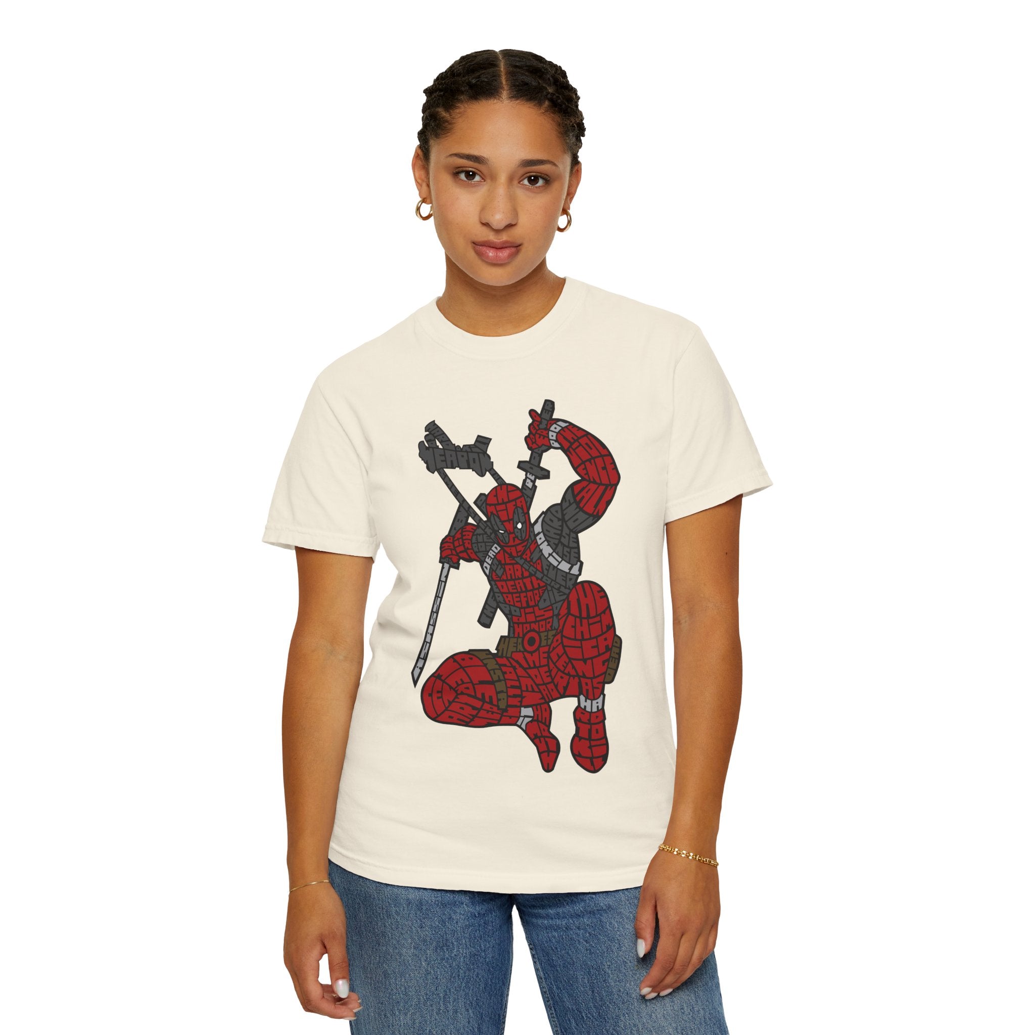 Graphic T-Shirt — Red Webbed Superhero Kneeling Illustration