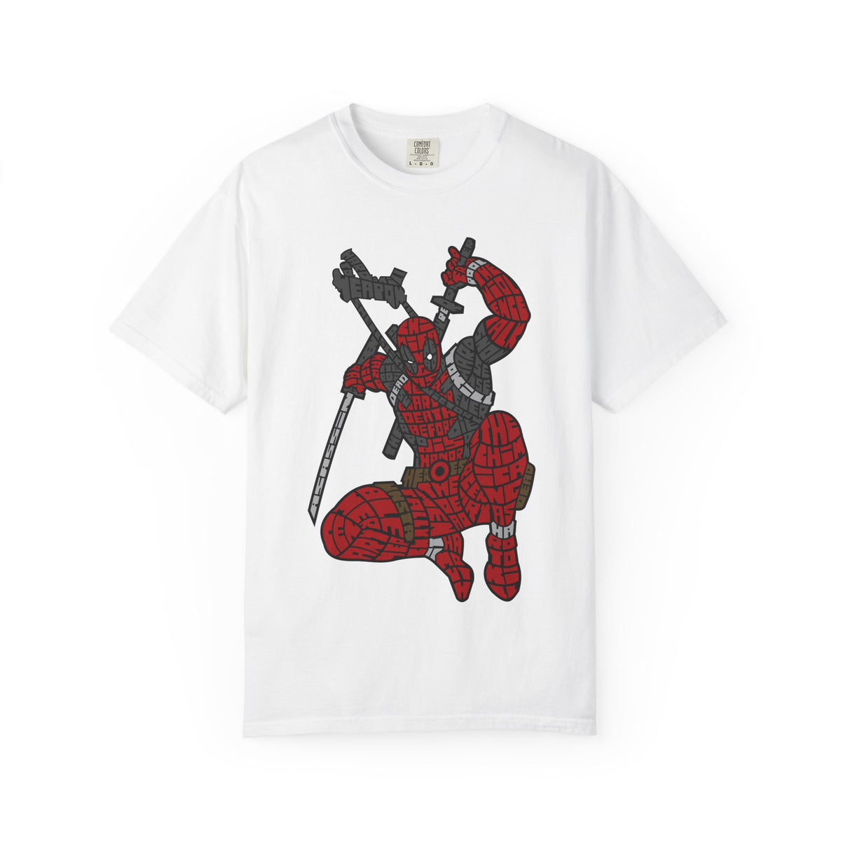 Graphic T-Shirt — Red Webbed Superhero Kneeling Illustration