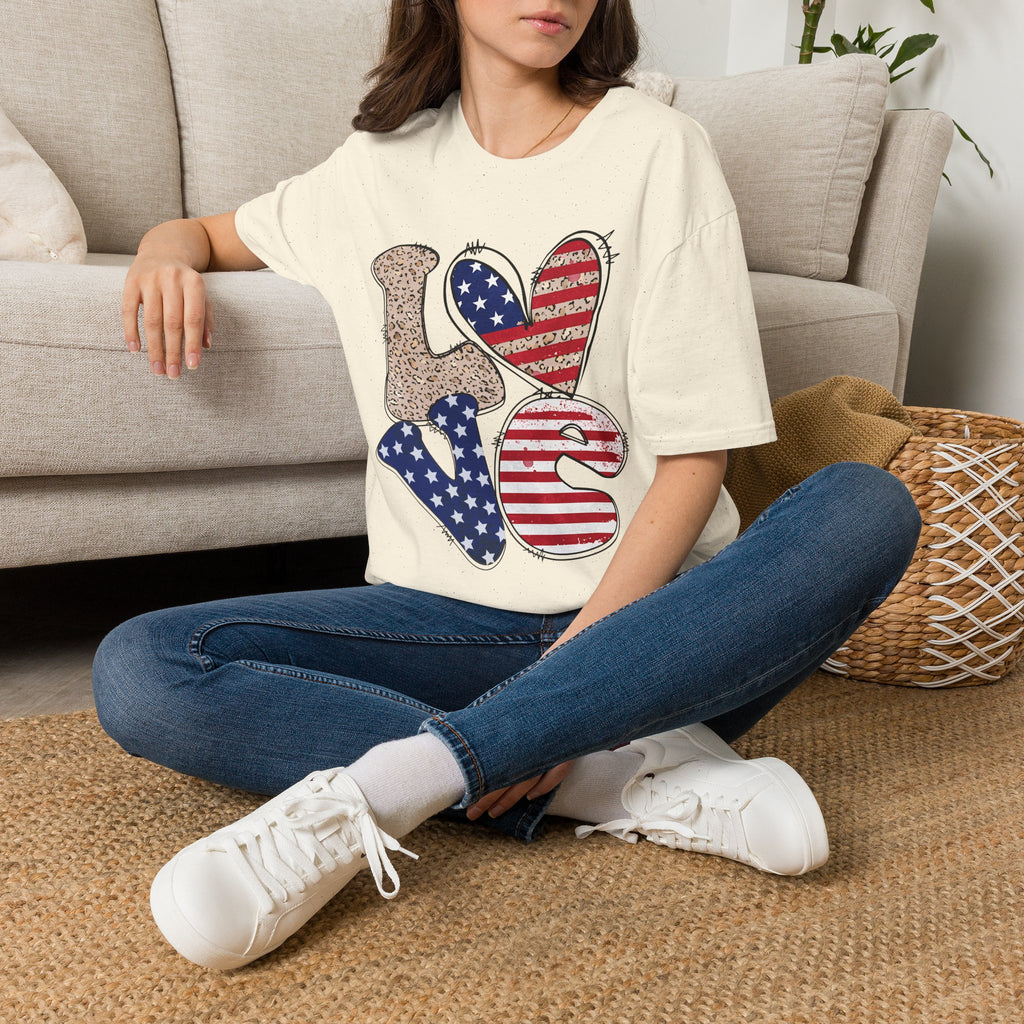 Patriotic LOVE Heart T-Shirt — American Flag & Leopard Print Graphic