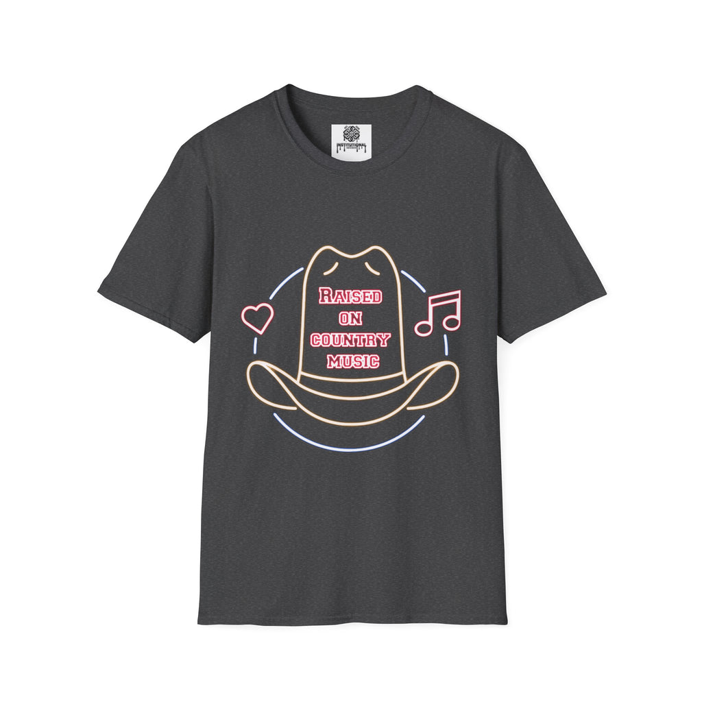 Raised on Country Cowboy Hat T-Shirt — Neon Music & Heart Graphic