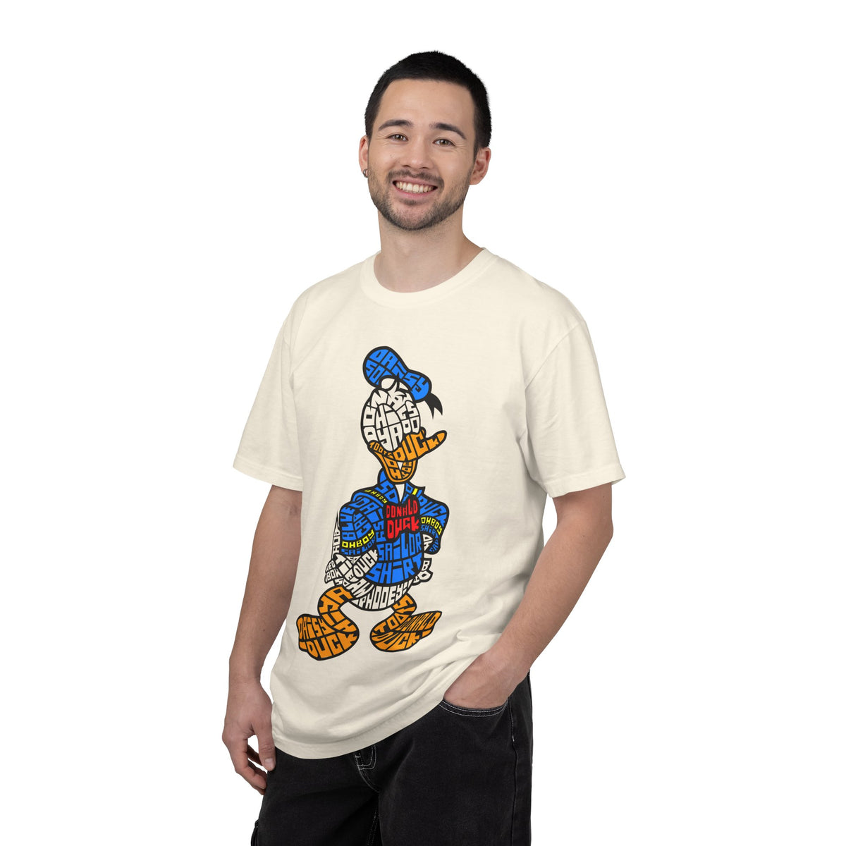 Graphic T‑Shirt — Colorblock Word Art Cartoon Duck Design