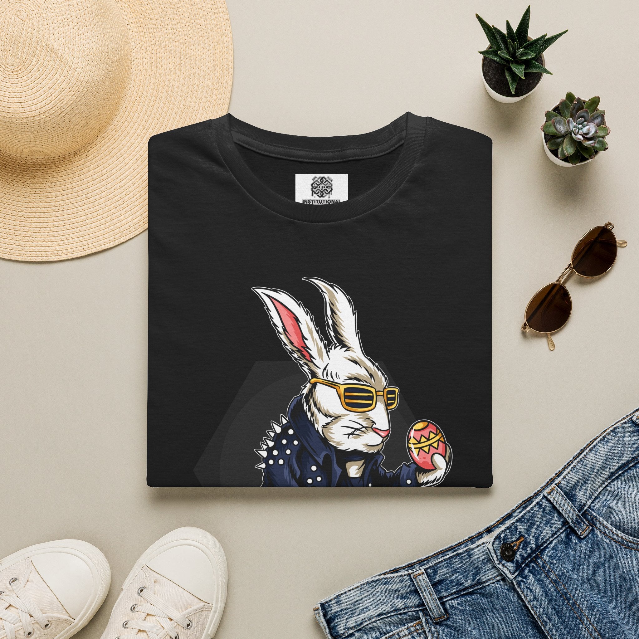 Easter Bunny Rocker T-Shirt — Cool Bunny Holding Decorated Egg