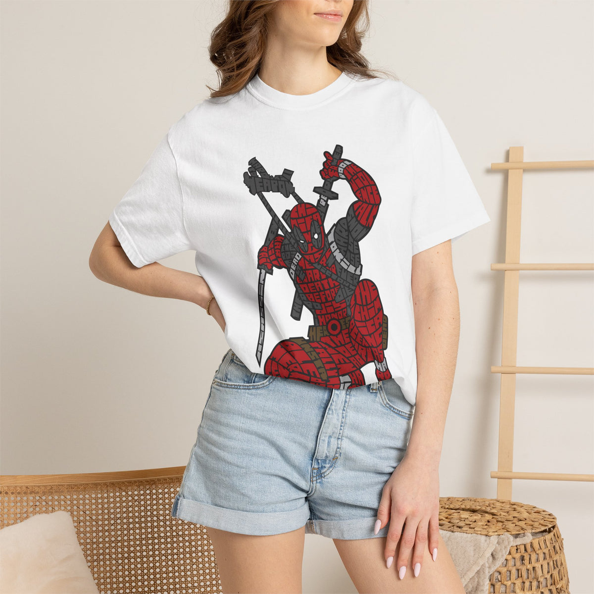 Graphic T-Shirt — Red Webbed Superhero Kneeling Illustration