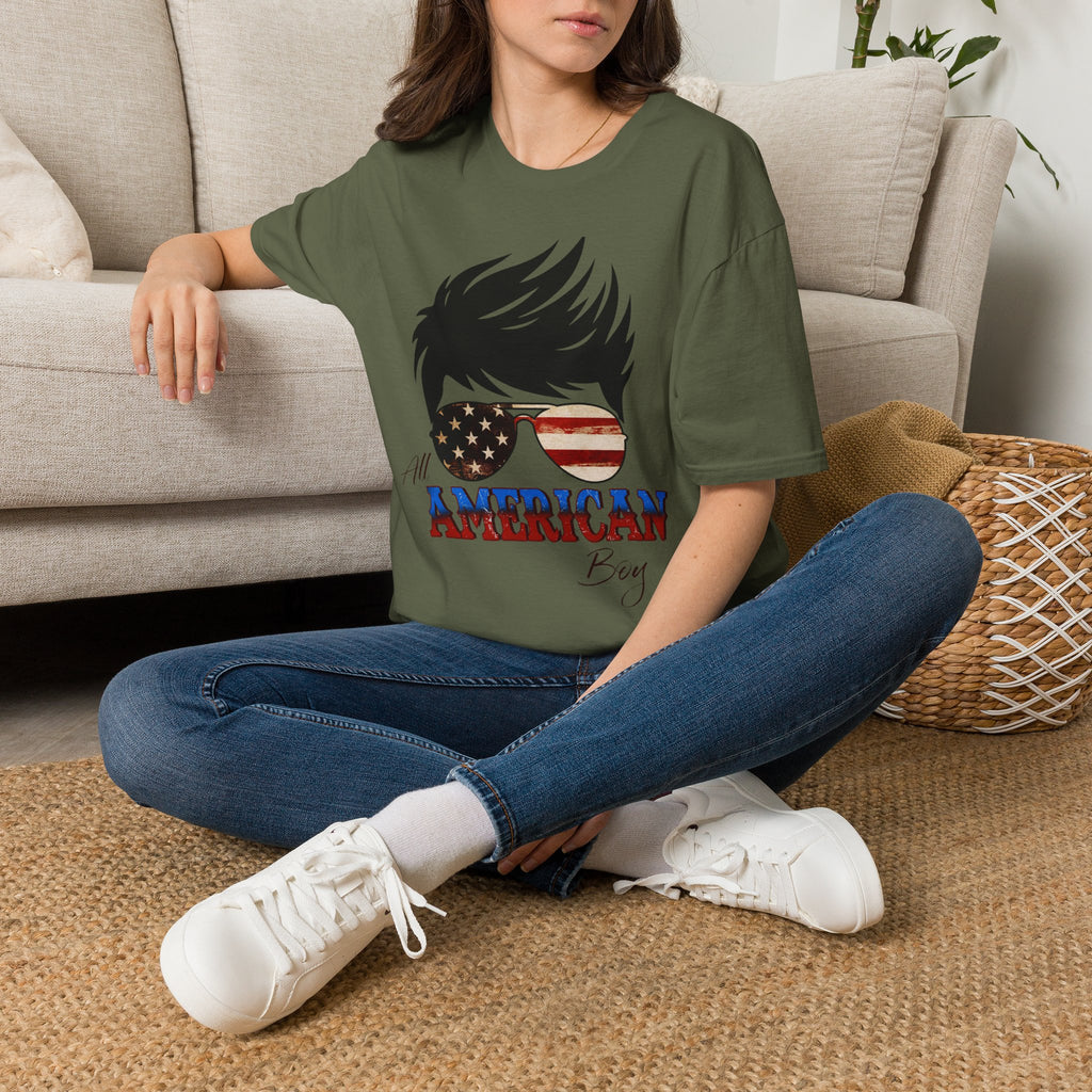 American Boy Graphic T-Shirt — Patriotic Sunglasses & Flag Hair Tee