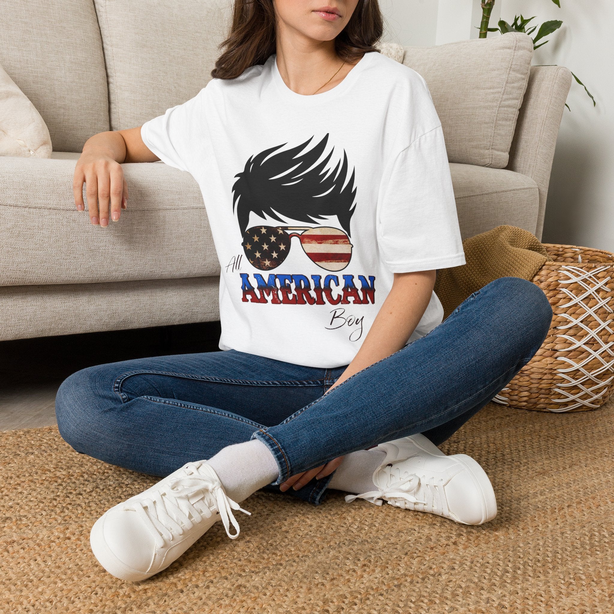 American Boy Graphic T-Shirt — Patriotic Sunglasses & Flag Hair Tee