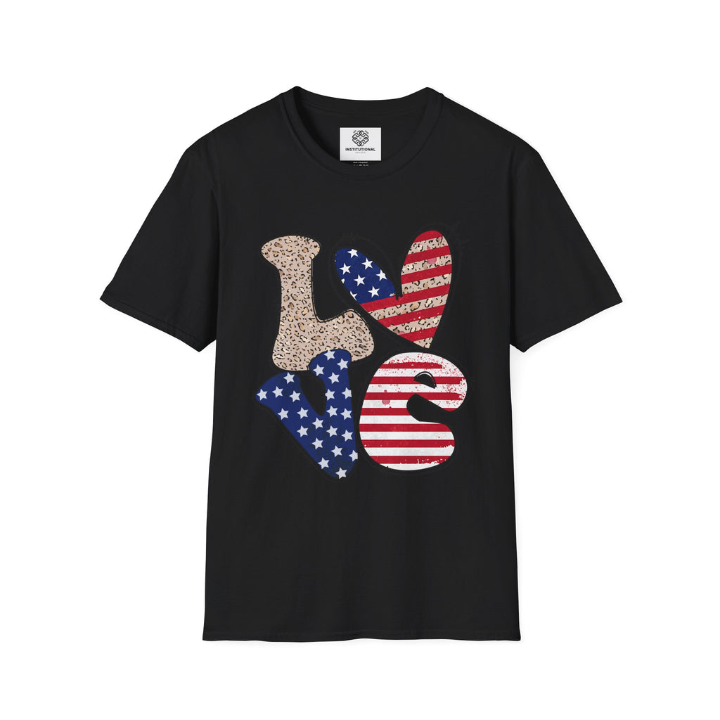 Patriotic LOVE Heart T-Shirt — American Flag & Leopard Print Graphic