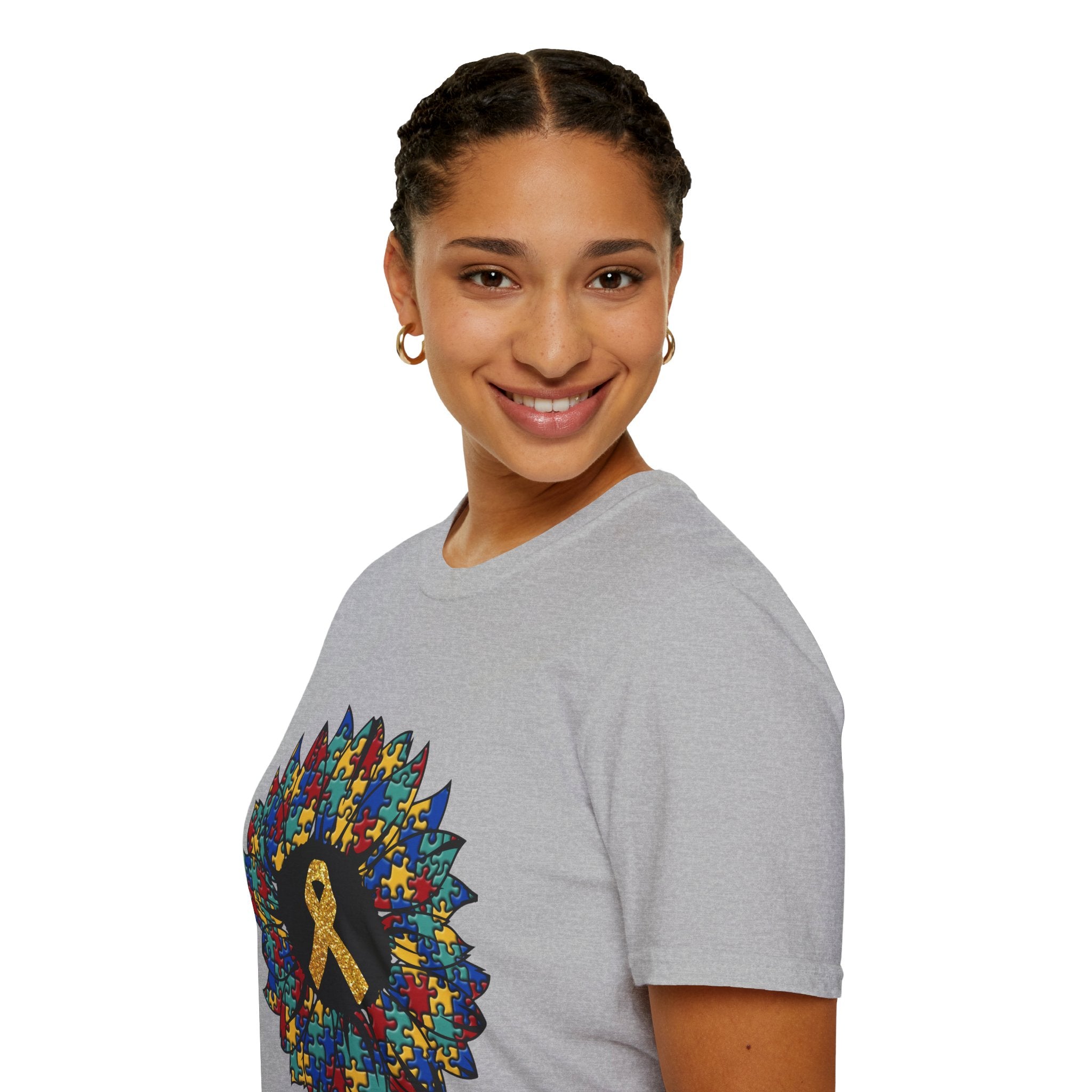 Autism Awareness Puzzle Sunflower T-Shirt – Gold Ribbon Support Tee