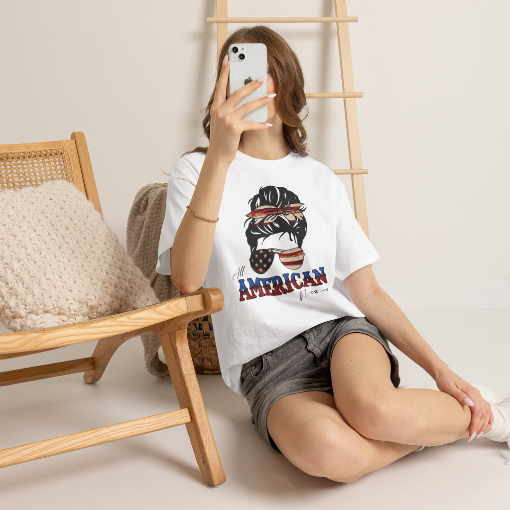 American Flag Messy Bun T-Shirt — "All American" Patriotic Tee