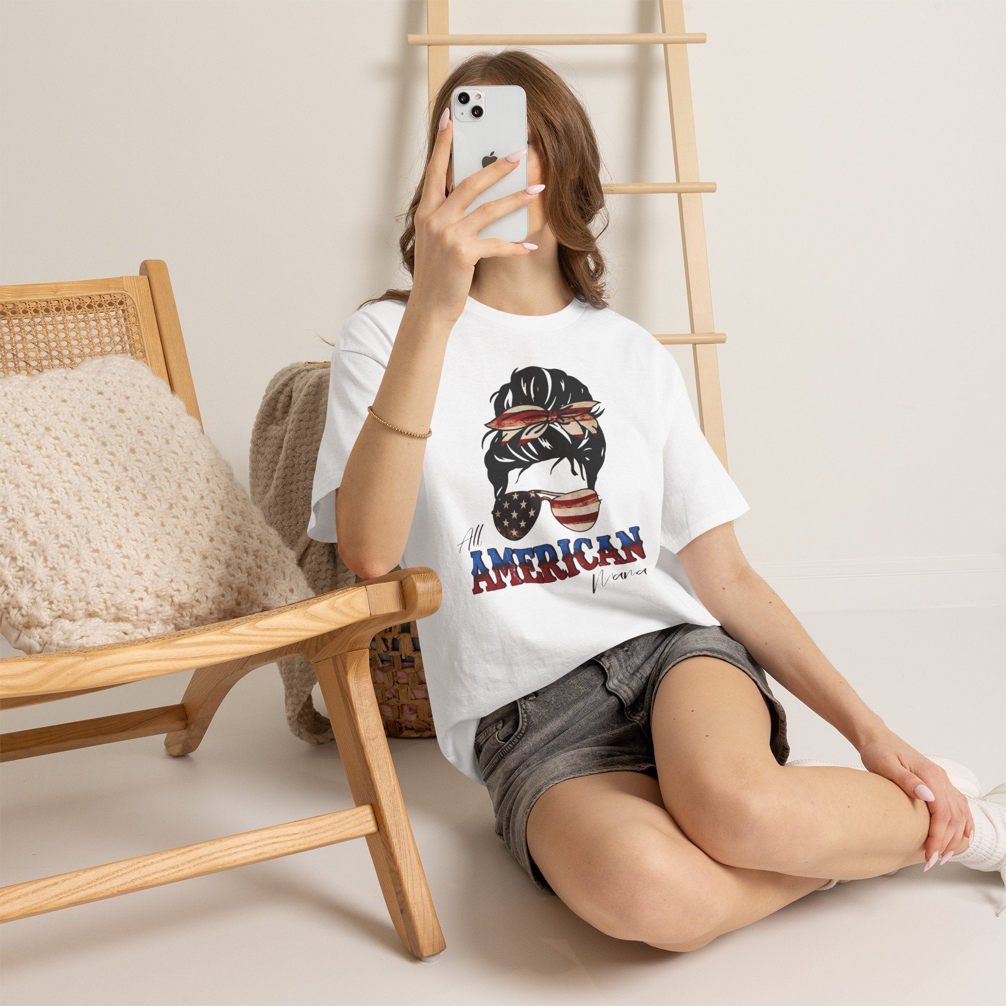 American Flag Messy Bun T-Shirt — "All American" Patriotic Tee