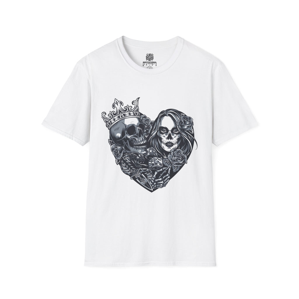 Skull King & Queen Heart T-Shirt — Gothic Day of the Dead Couple Tee