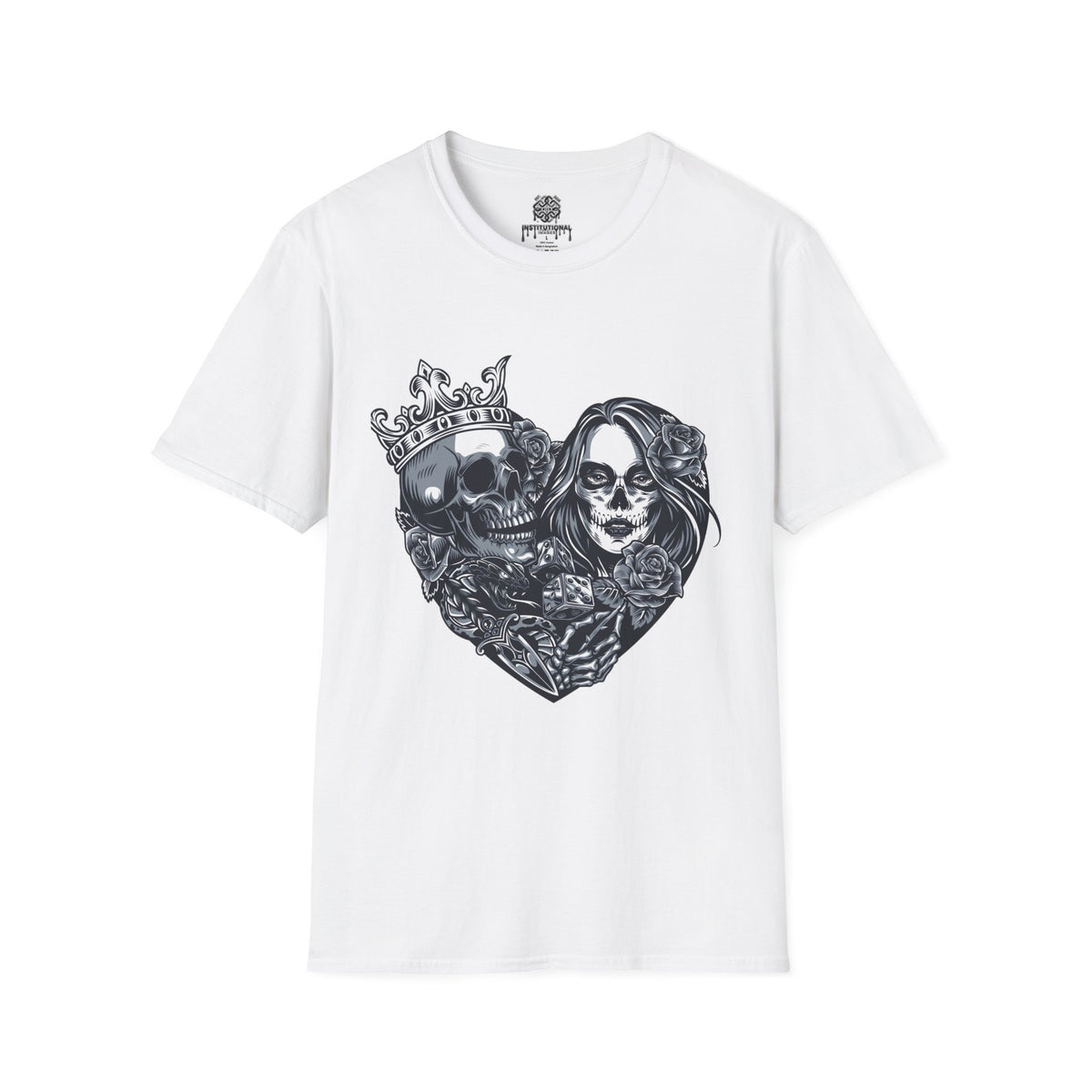 Skull King & Queen Heart T-Shirt — Gothic Day of the Dead Couple Tee