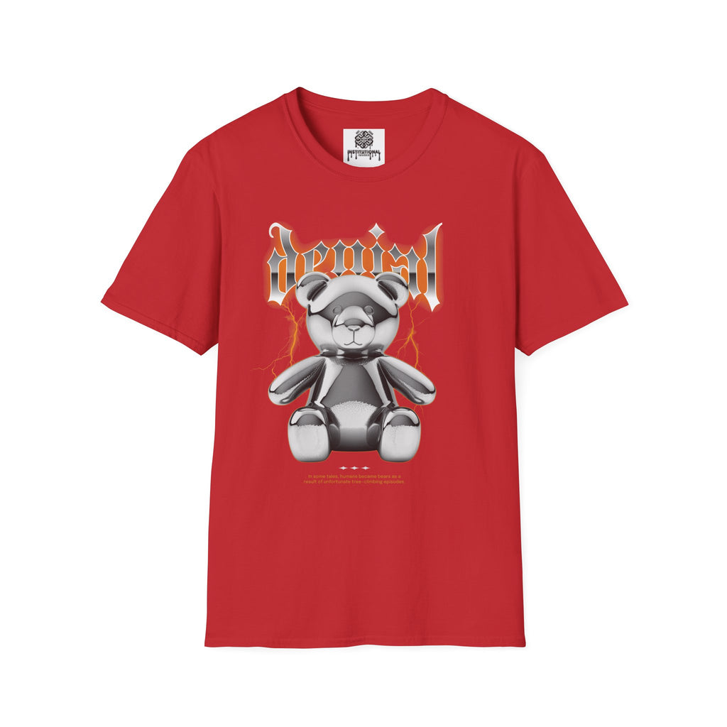 Denial Bear Graphic T-Shirt — Edgy Metallic Teddy Tee