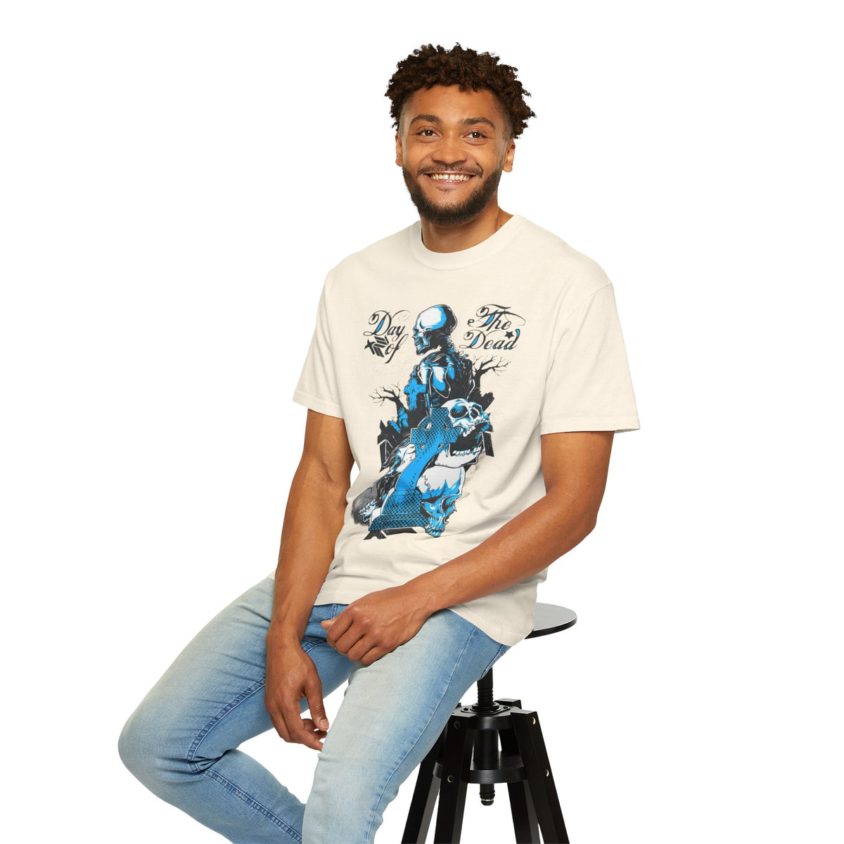 Day of the Dead Skull T-Shirt — Blue Gothic Cemetery Graphic Tee