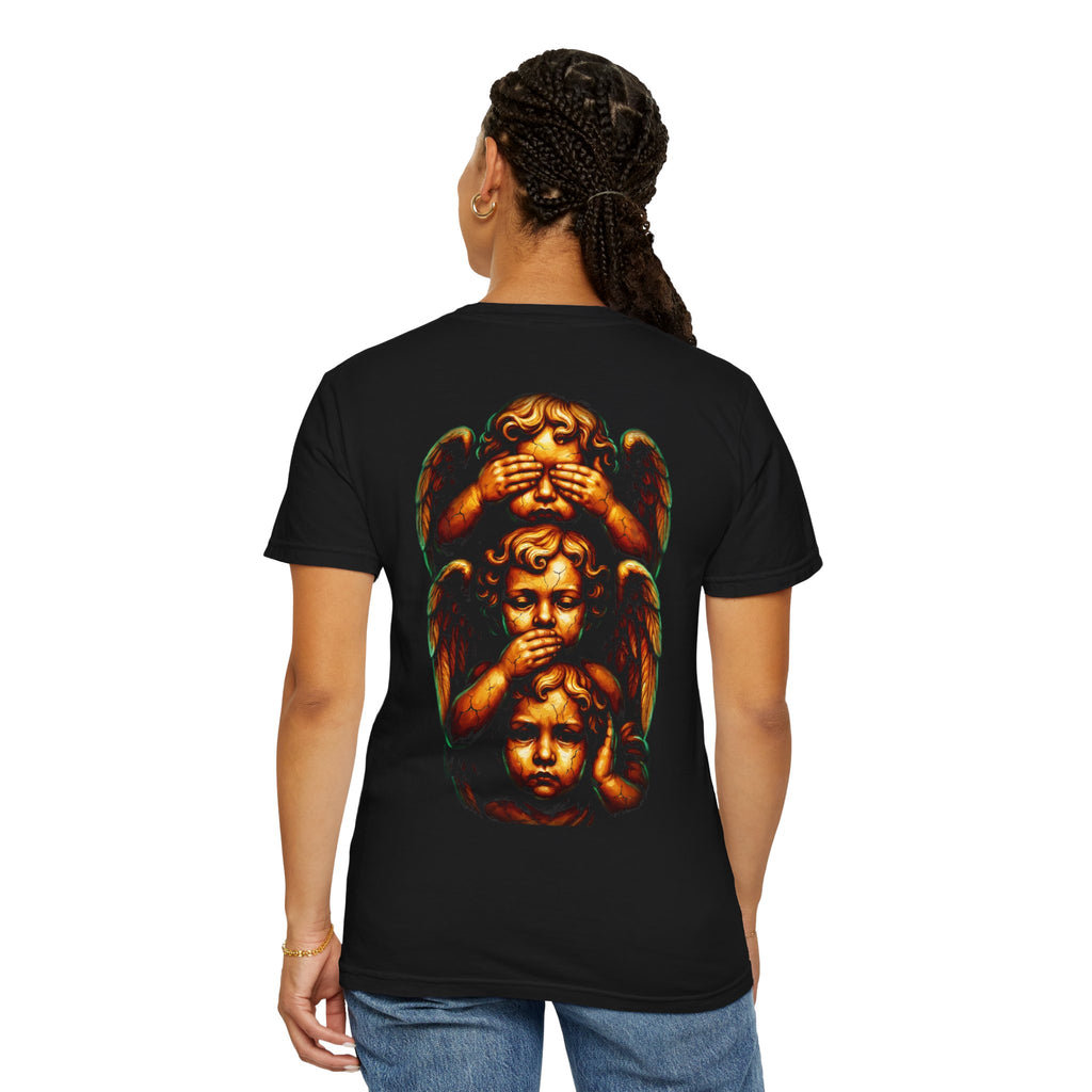 T-Shirt — Vintage Cherub 'See No Evil, Hear No Evil, Speak No Evil' Back Print
