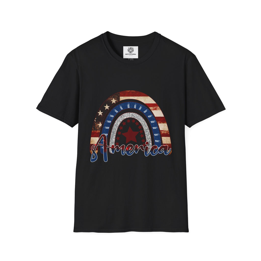 Patriotic American Rainbow T-Shirt — 'America' Stars & Stripes Graphic