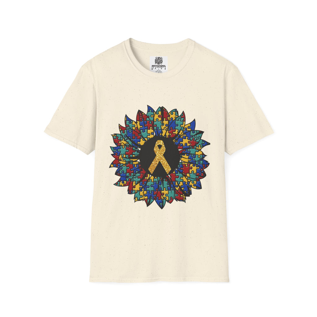 Autism Awareness Puzzle Sunflower T-Shirt – Gold Ribbon Support Tee