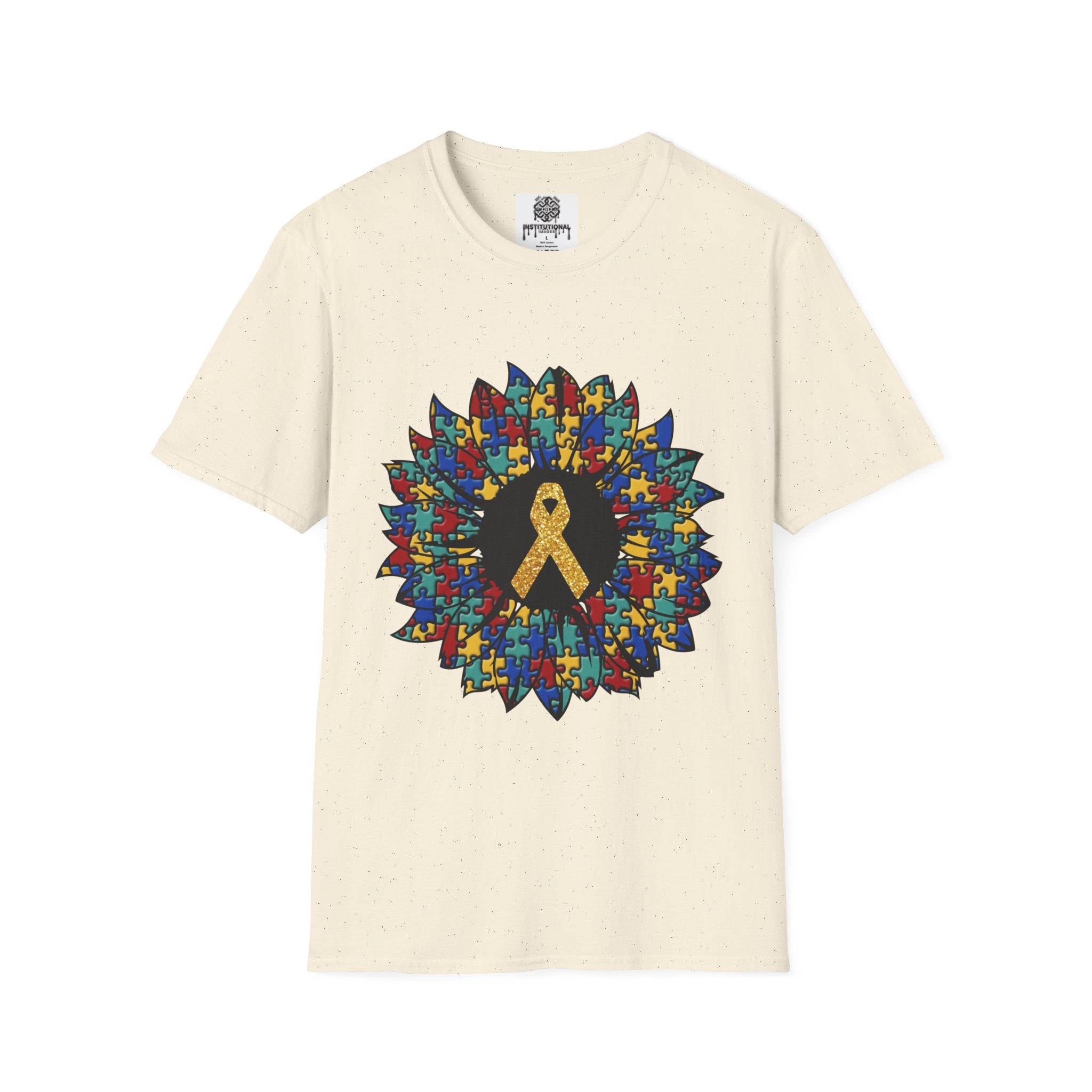 Autism Awareness Puzzle Sunflower T-Shirt – Gold Ribbon Support Tee