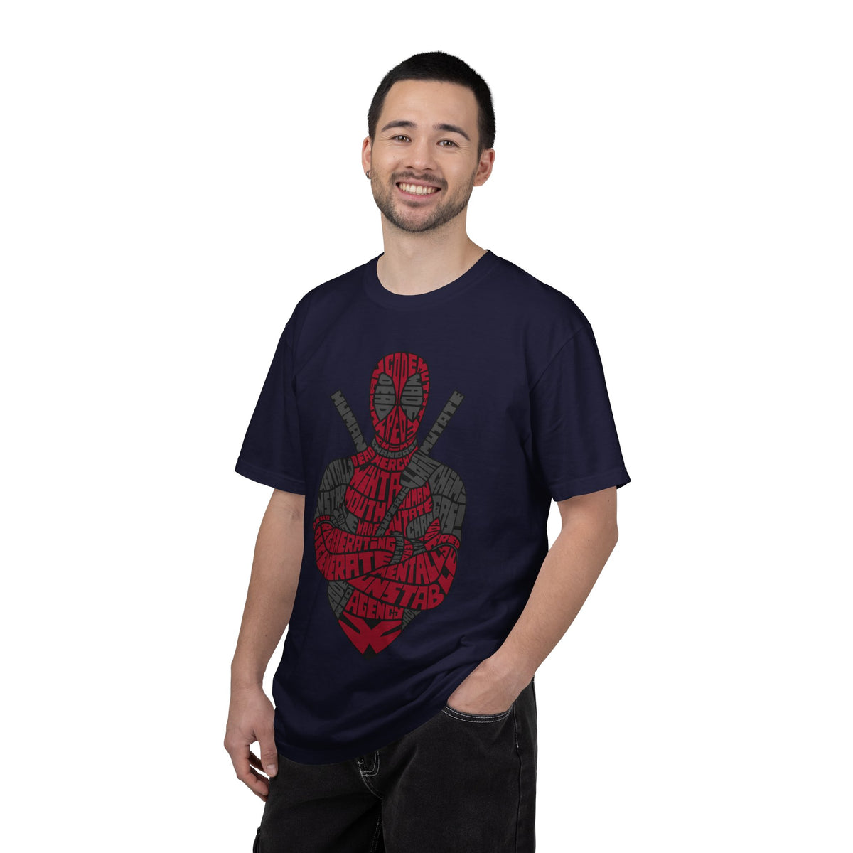 Graphic T-Shirt — Red Text Portrait Superhero Design