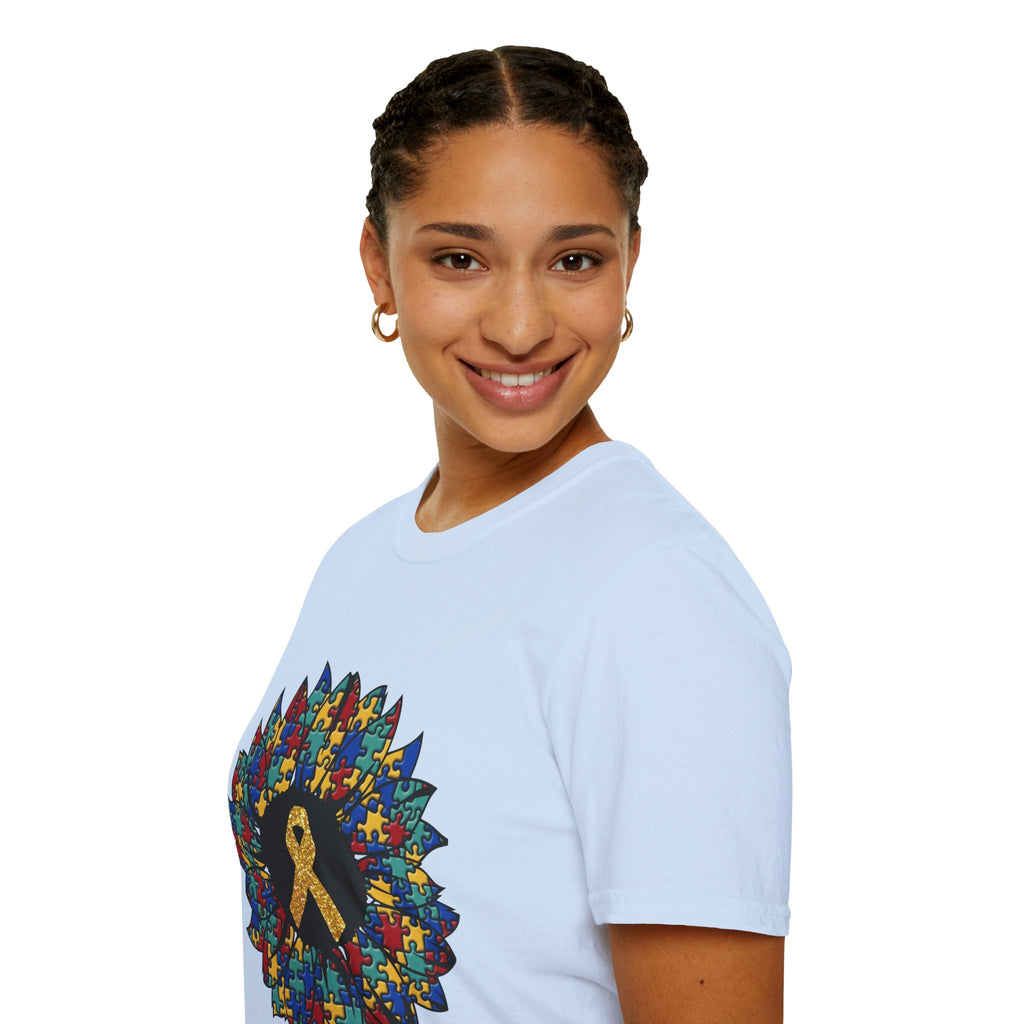 Autism Awareness Puzzle Sunflower T-Shirt – Gold Ribbon Support Tee