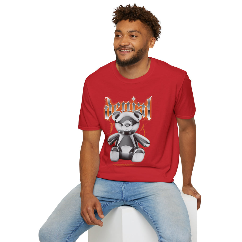 Denial Bear Graphic T-Shirt — Edgy Metallic Teddy Tee