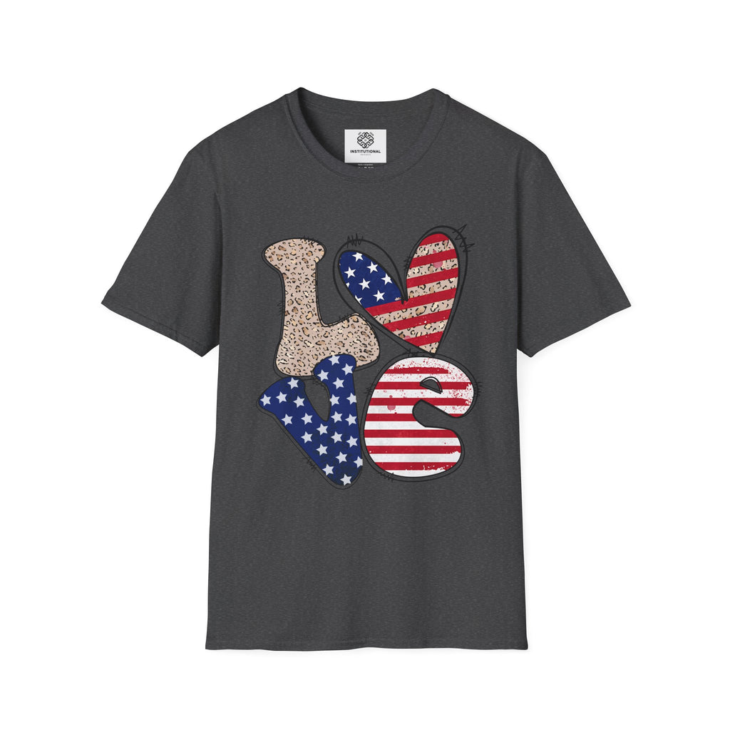 Patriotic LOVE Heart T-Shirt — American Flag & Leopard Print Graphic